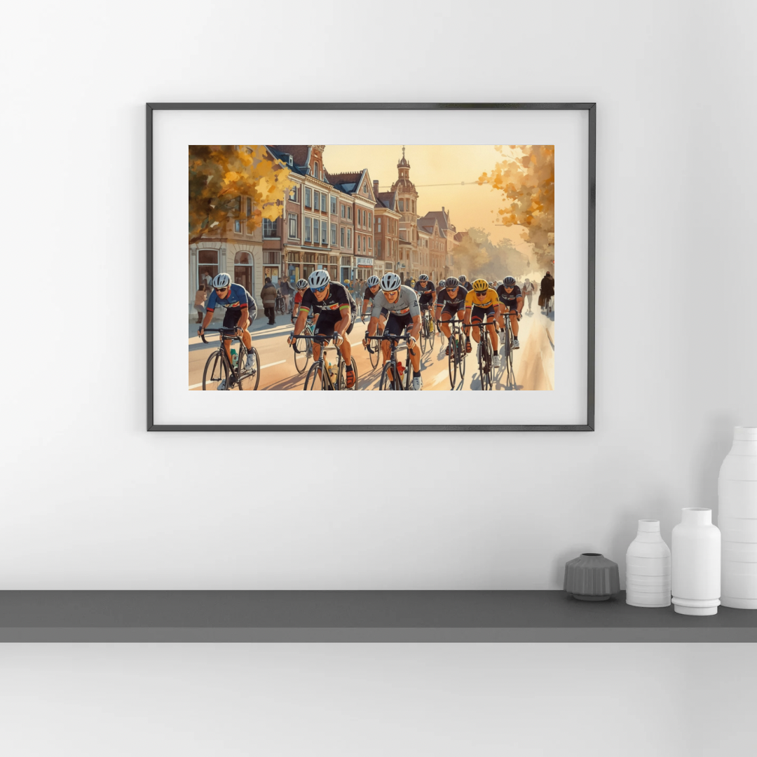 Delft wielrenners schilderij in lichte lijst aan witte muur boven licht houten dressoir met decoraties – aquarel wall art woonkamer