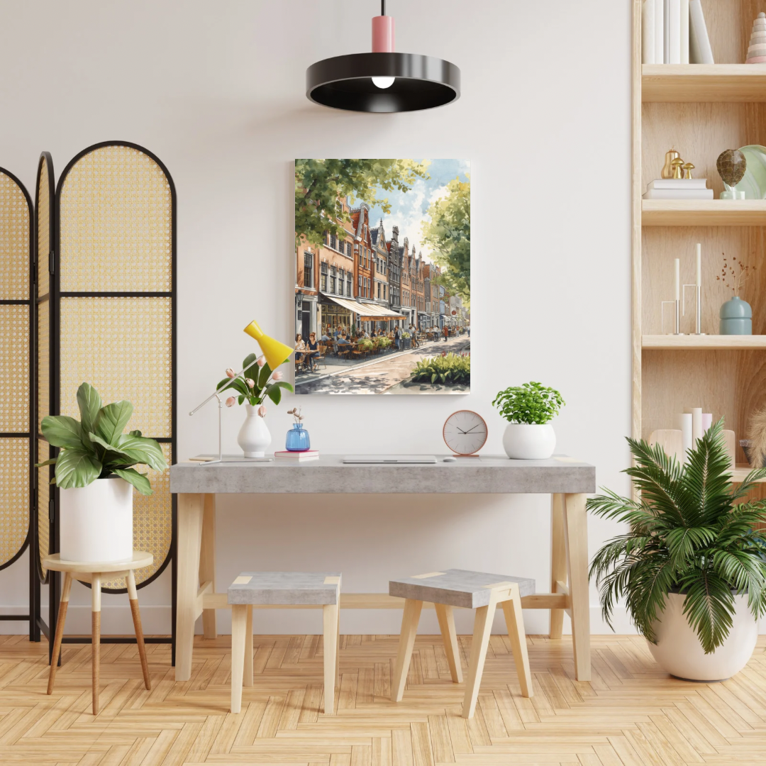 Breda terrasstraat schilderij als set van twee in donkere lijsten aan witte muur boven witte eettafel met witte stoelen en hanglamp – aquarel wall art eetkamer