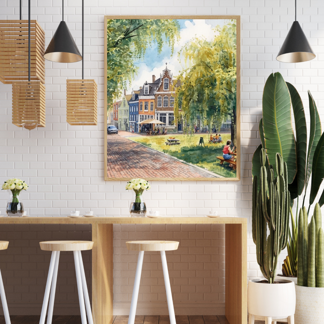 Breda stadspark schilderij als set van twee in donkere lijsten aan donkere muur boven lichte houten bartafel met barkrukken – aquarel wall art keuken