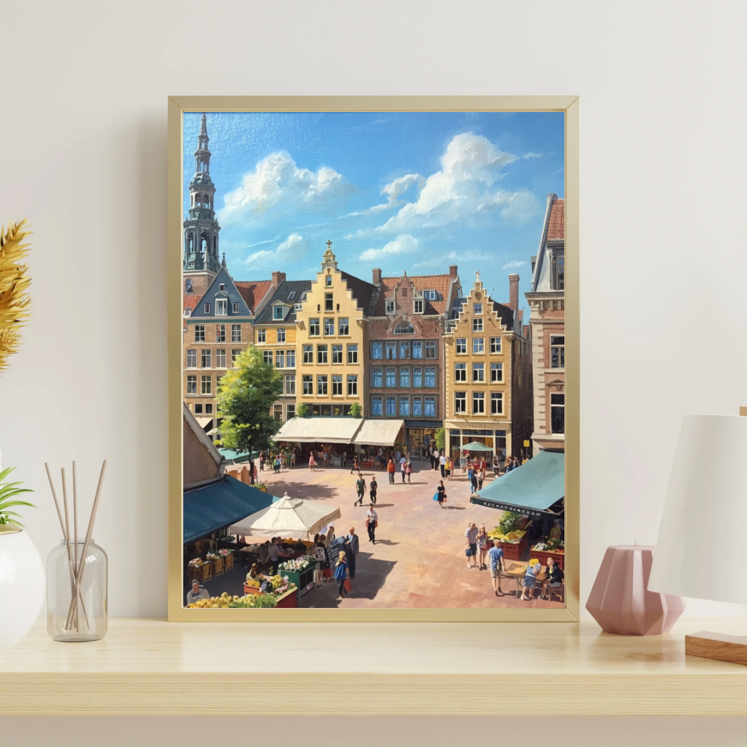 Breda marktplein schilderij in gouden lijst op lichte houten vensterbank naast witte vaas met takken en decoraties – realistisch wall art woonkamer