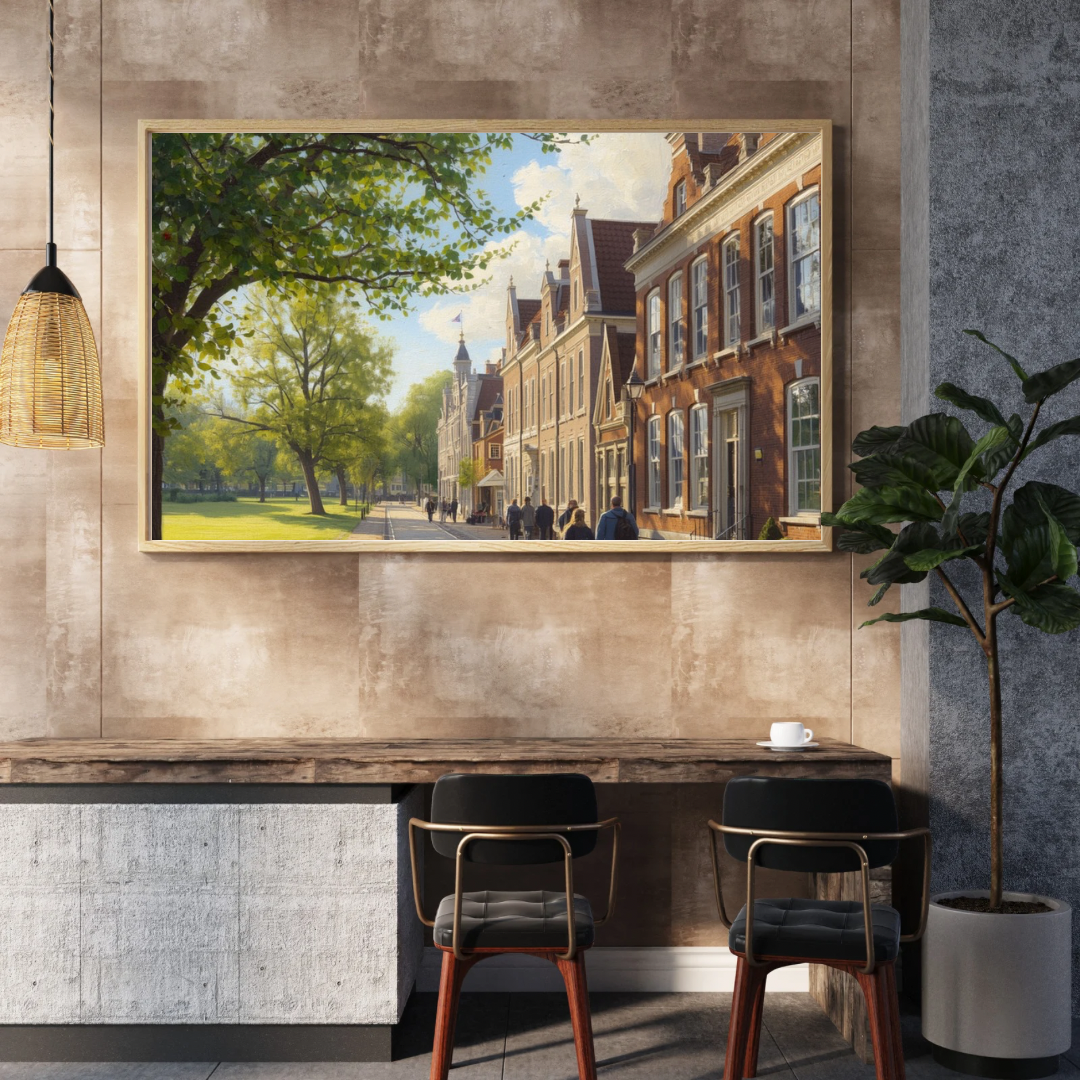 Breda historische laan schilderij in donkere lijst aan donkere muur boven donker houten bureau met lamp en plant – realistisch wall art thuiskantoor