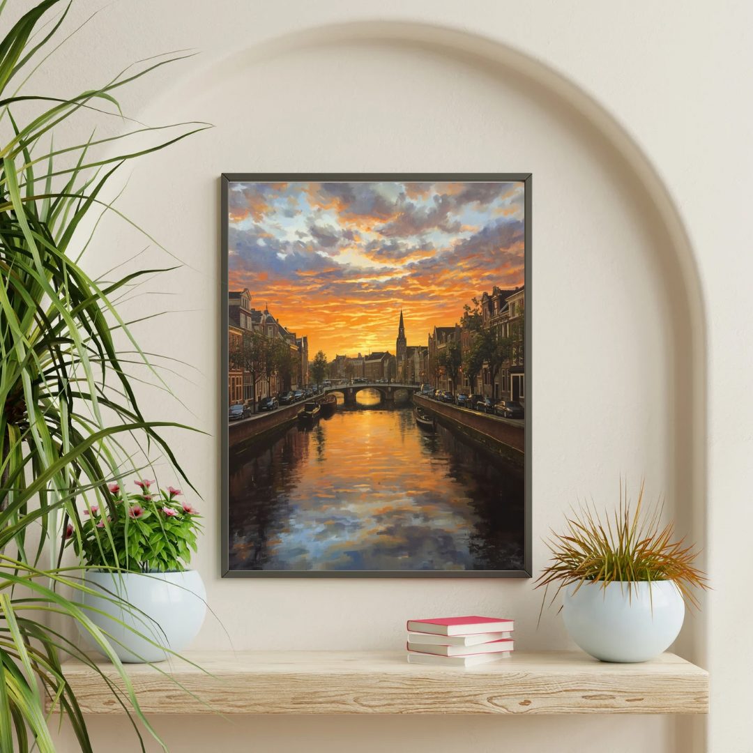 Breda zonsondergang gracht schilderij in donkere lijst staand op witte vloer tegen witte muur naast grote groene plant in witte pot – cinematisch wall art woonkamer