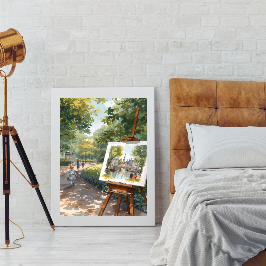 Delft schilder ezel schilderij in donkere lijst staand op houten vloer tegen witte muur naast bed met grijze beddengoed – aquarel wall art slaapkamer