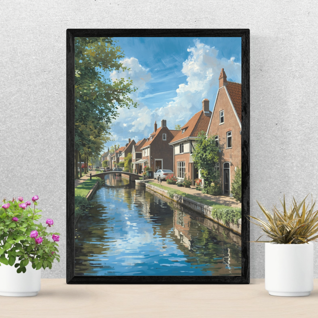 Apeldoorn gracht schilderij in zwarte lijst aan witte muur naast witte pot met plant op lichte vloer – realistisch wall art woonkamer