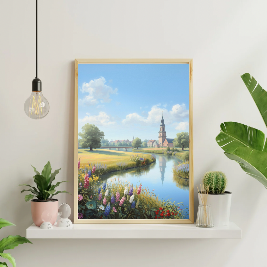 Apeldoorn polder schilderij in witte lijst aan witte muur naast grote tropische kamerplant op lichte vloer – realistisch wall art woonkamer