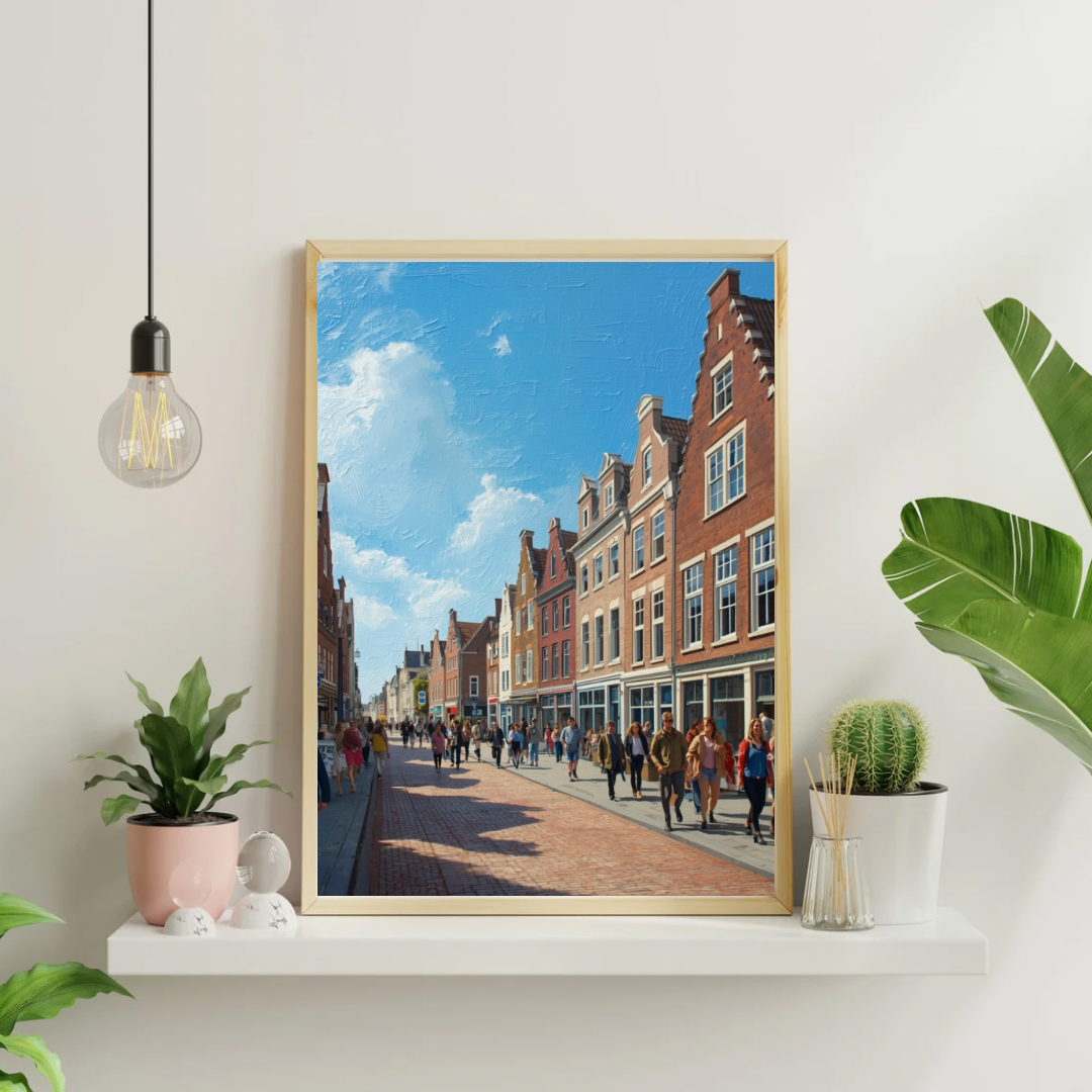 Apeldoorn binnenstad schilderij in witte lijst aan witte muur naast grote tropische kamerplant op lichte vloer – realistisch wall art woonkamer