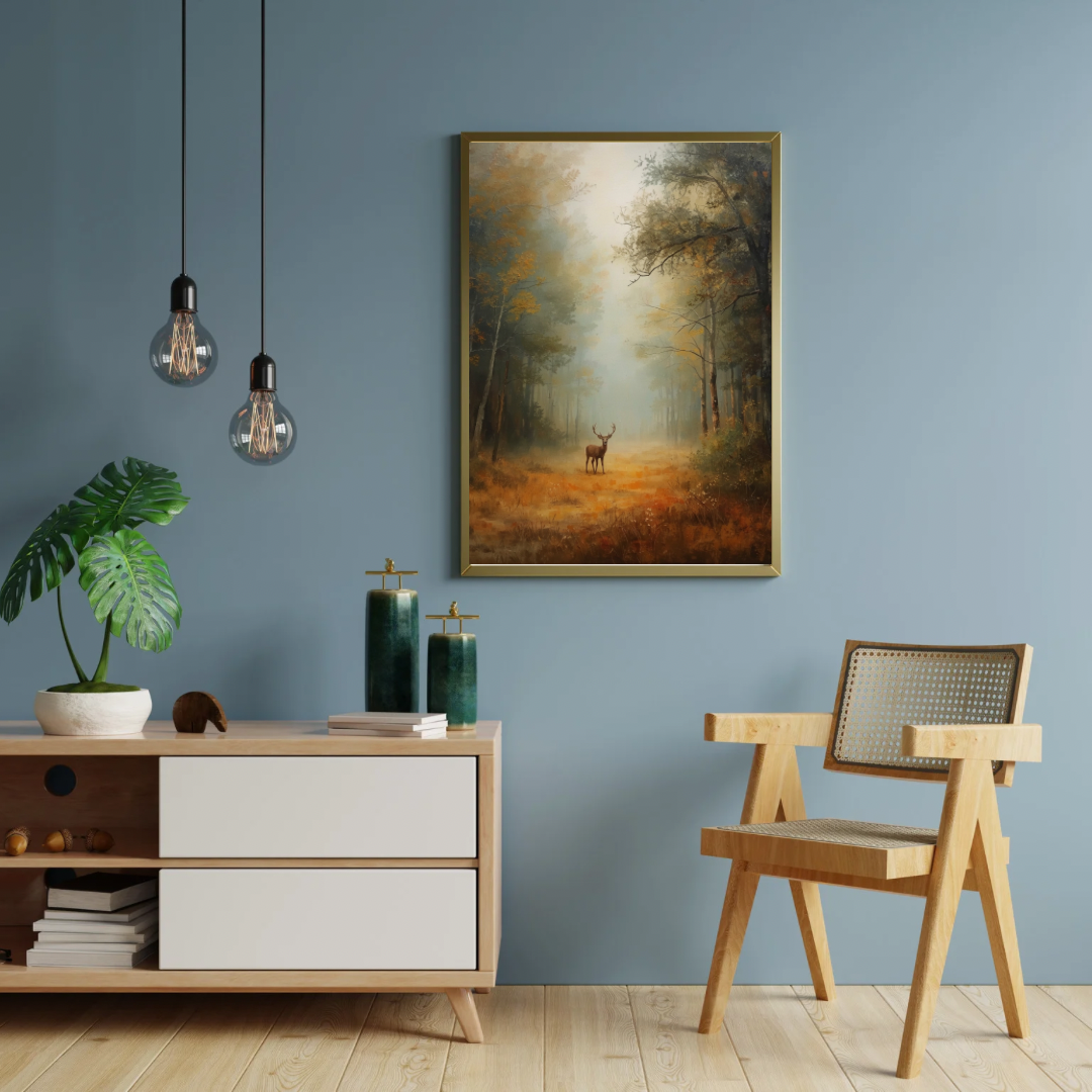 Veluwe bos schilderij met hert in zwarte lijst aan blauwe muur boven wit dressoir met lamp en stoel in moderne woonkamer – cinematisch olieverf wall art