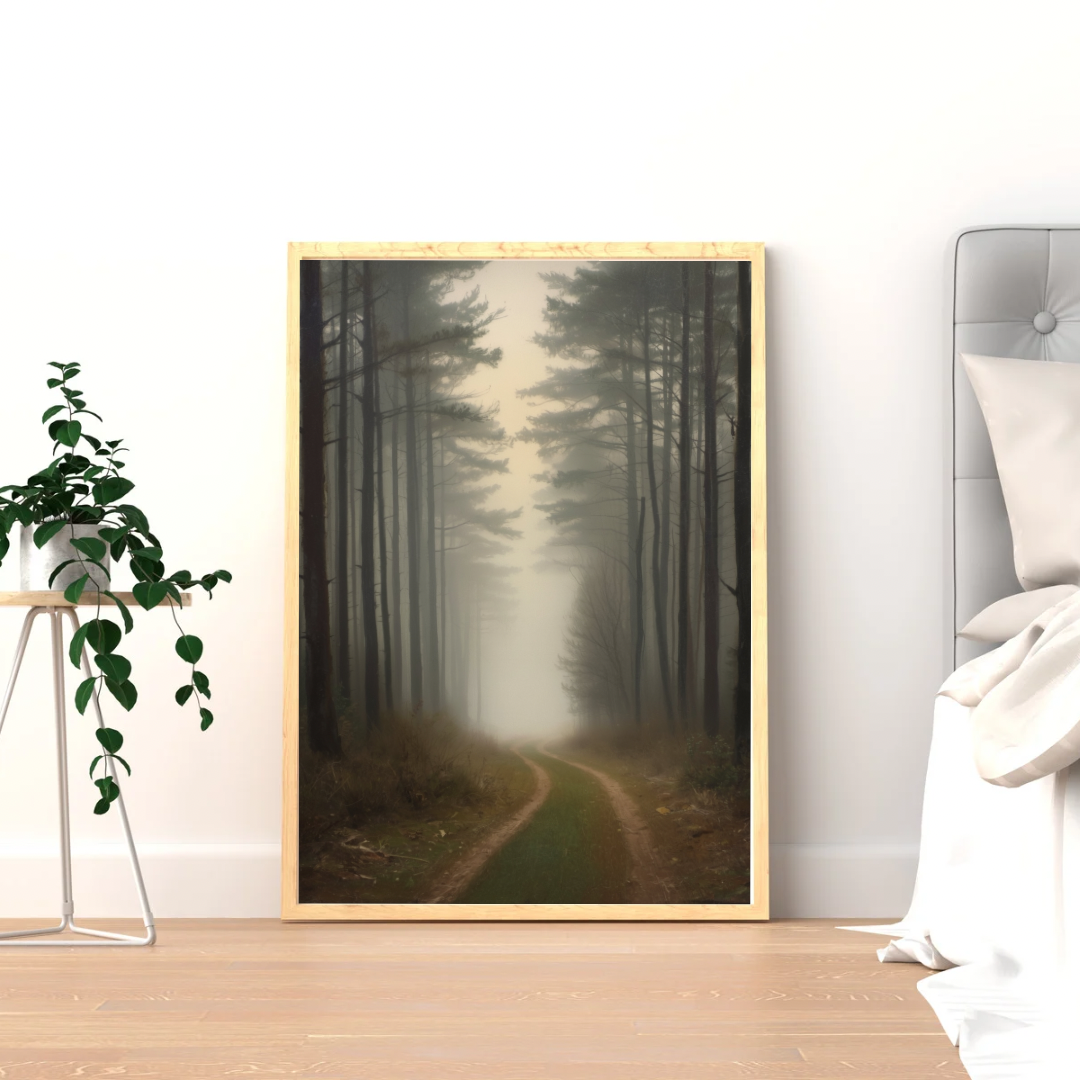 Veluwe dennenbos schilderij in donkere lijst staand op lichte houten vloer tegen witte muur naast hangplant en bed – cinematisch olieverf wall art slaapkamer