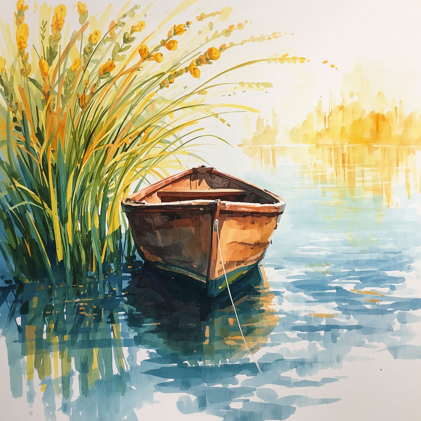Roeiboot Schilderij – Houten Boot bij Gouden Rietkraag op Zomermeer