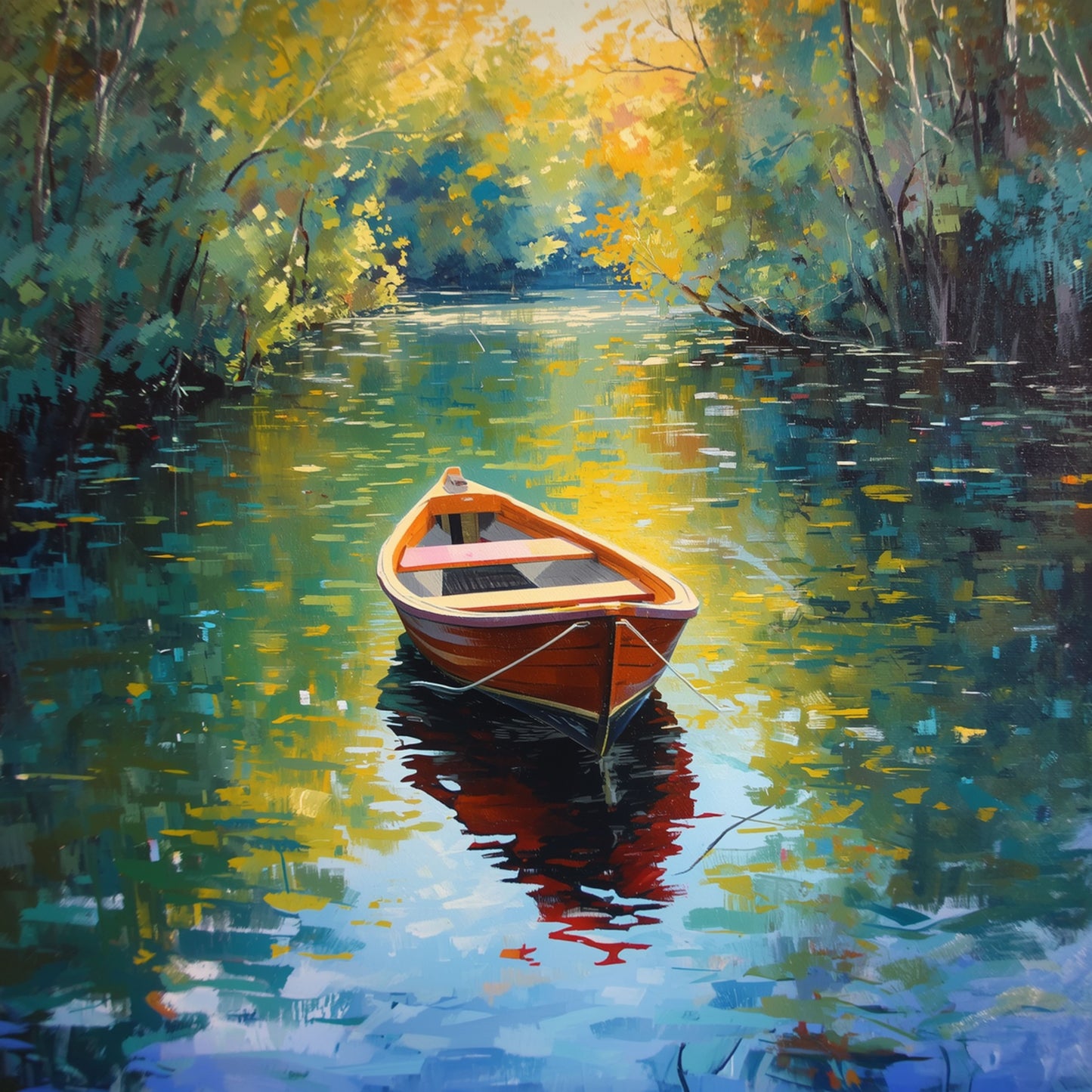 Roeiboot Schilderij – Rode Houten Boot op Betoverende Bosrivier