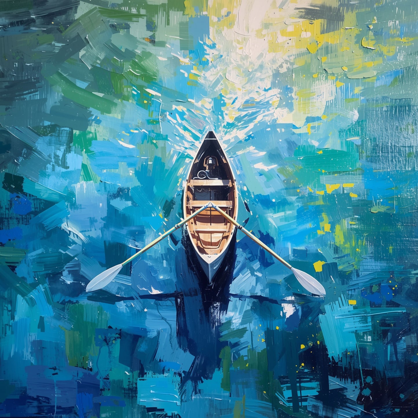 Roeiboot Schilderij – Zwarte Boot met Roeispanen op Abstract Blauw Water