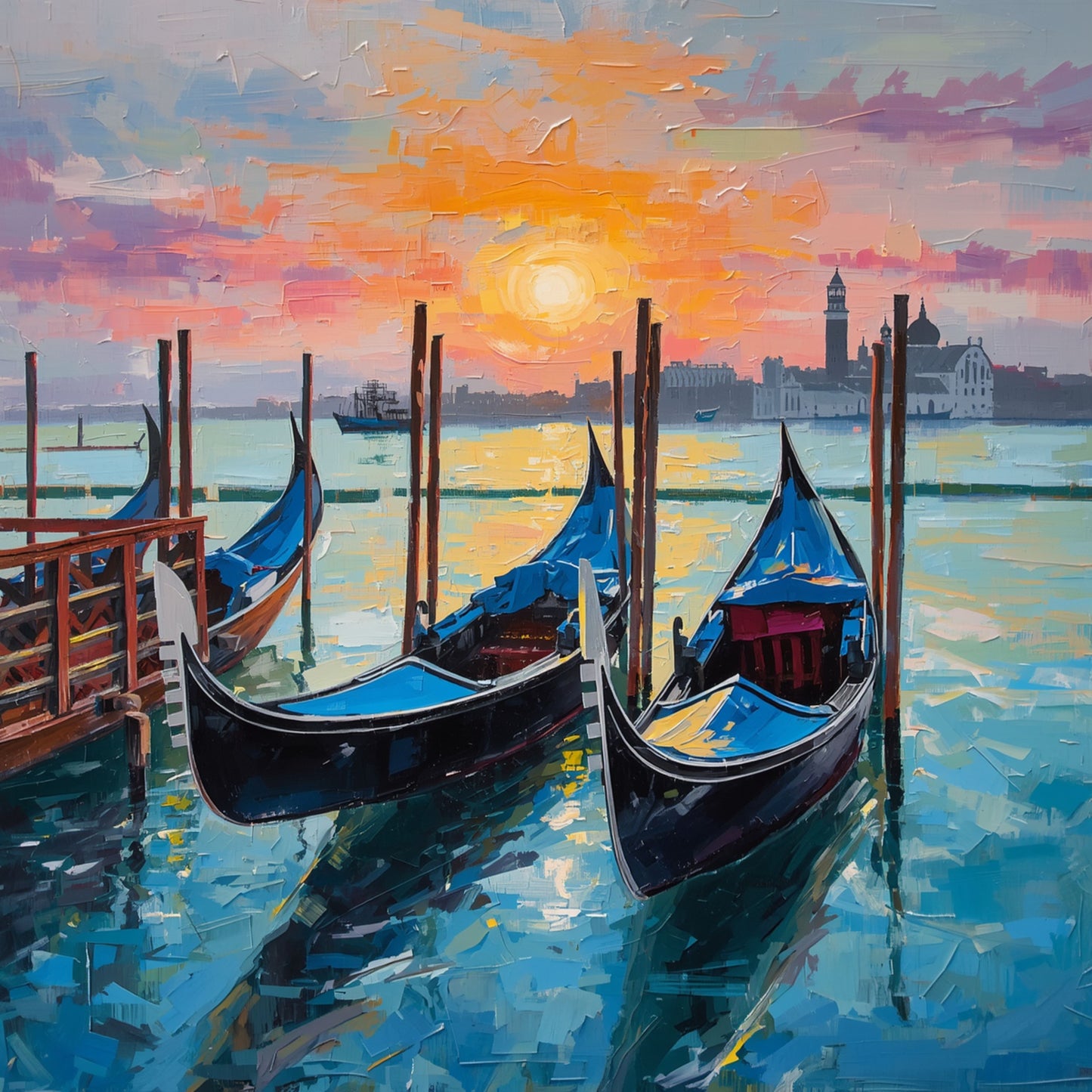 Venetië Gondel Schilderij – Drie Gondels bij Zonsondergang met San Giorgio