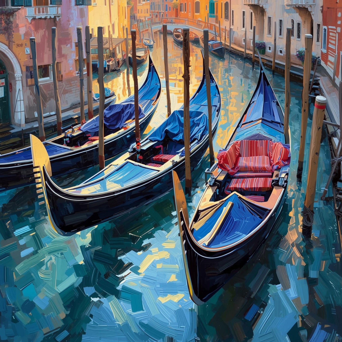 Venetië Gondel Schilderij – Vier Gondels in Kleurrijk Venetiaans Kanaal