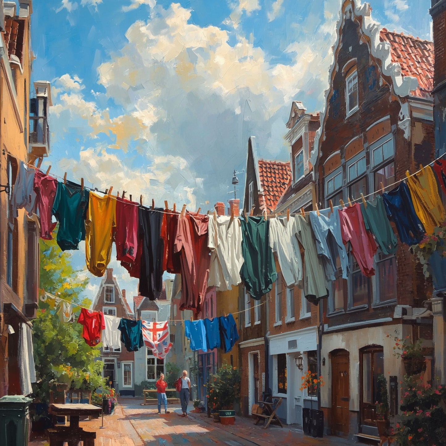 Hollands Straatje Schilderij – Kleurrijke Was aan de Lijn in Zonnige Hollandse Straat