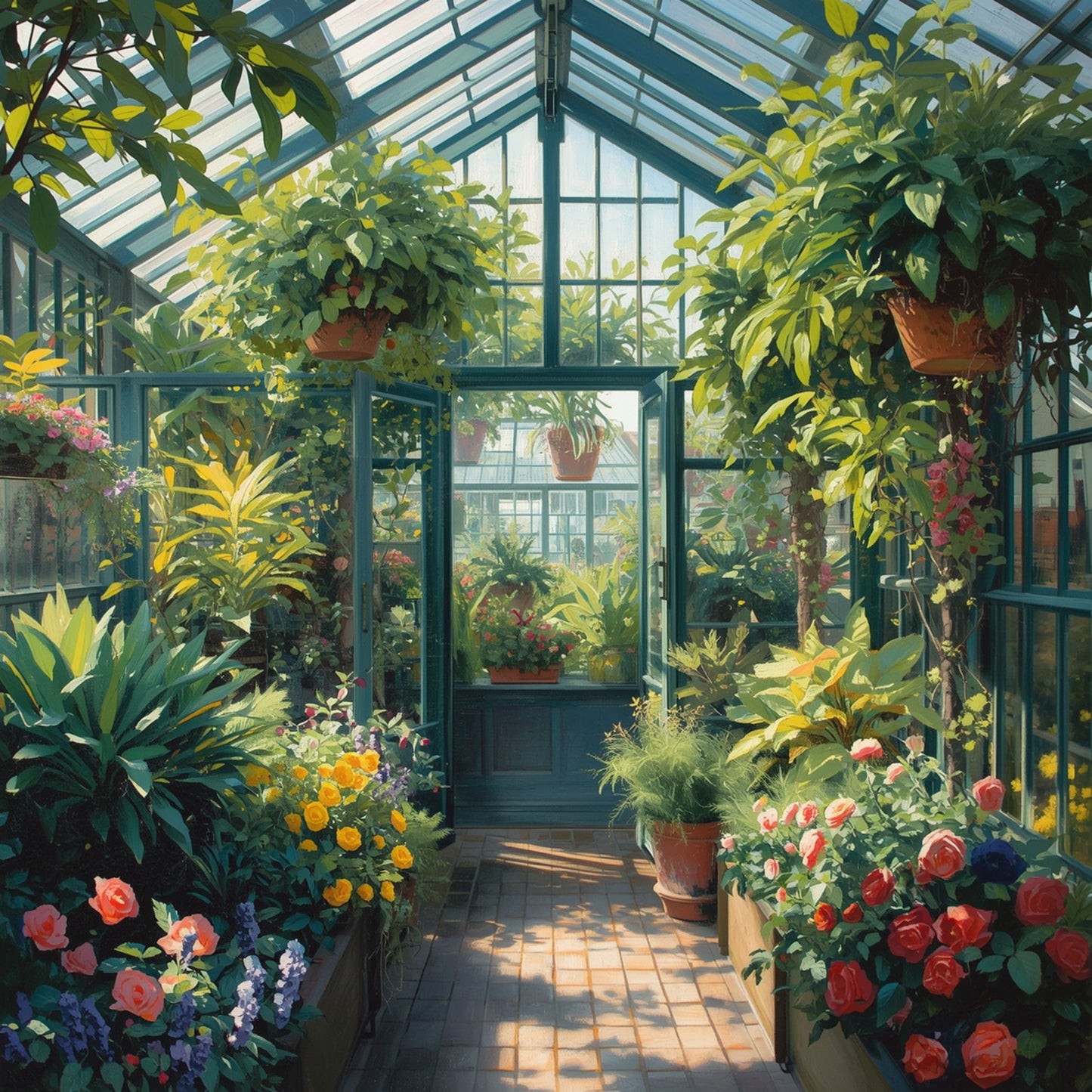 Kas Schilderij – Weelderige Bloementuin met Rozen & Hangplanten in Glazen Kas