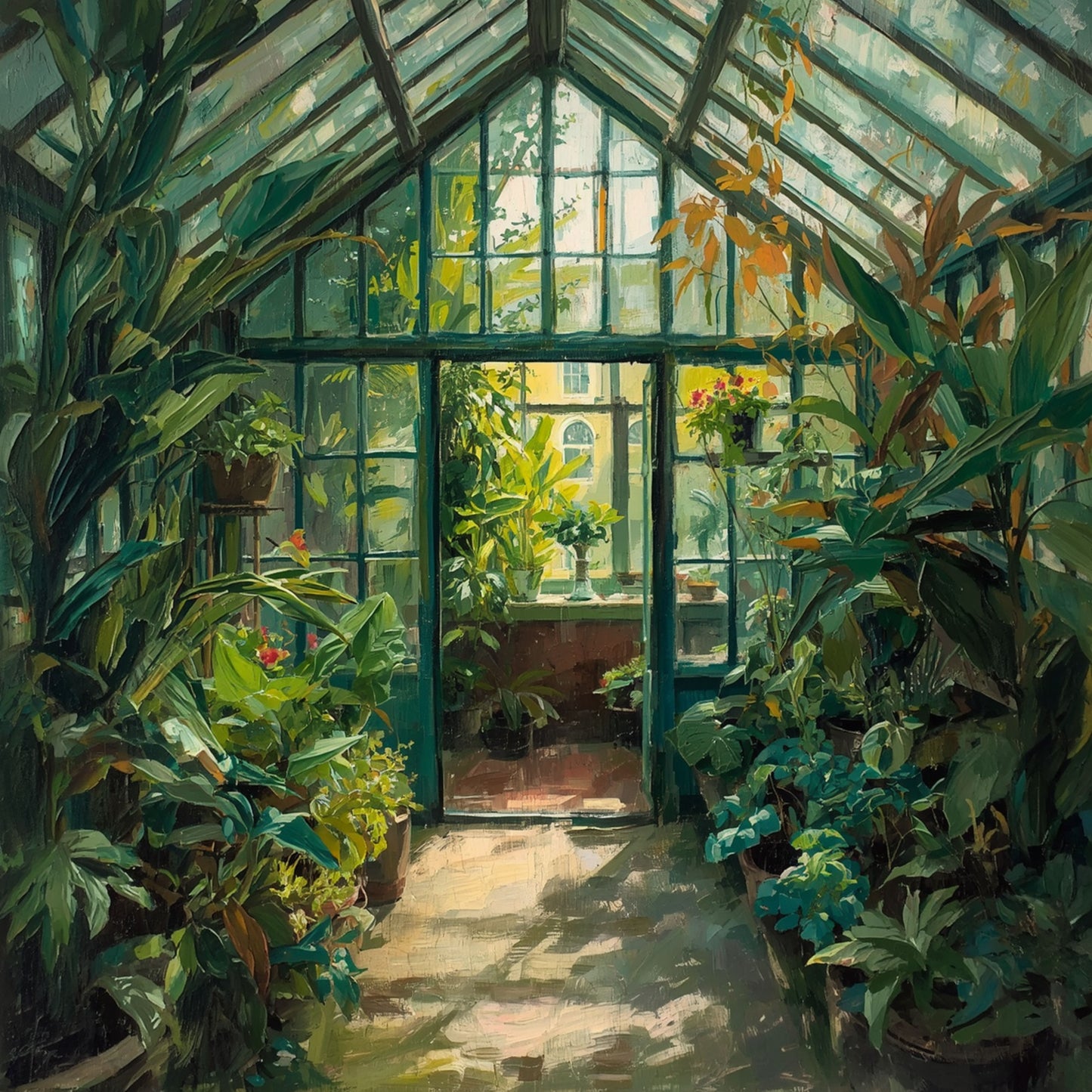 Kas Schilderij – Weelderige Groene Kas met Tropische Planten & Zonlicht