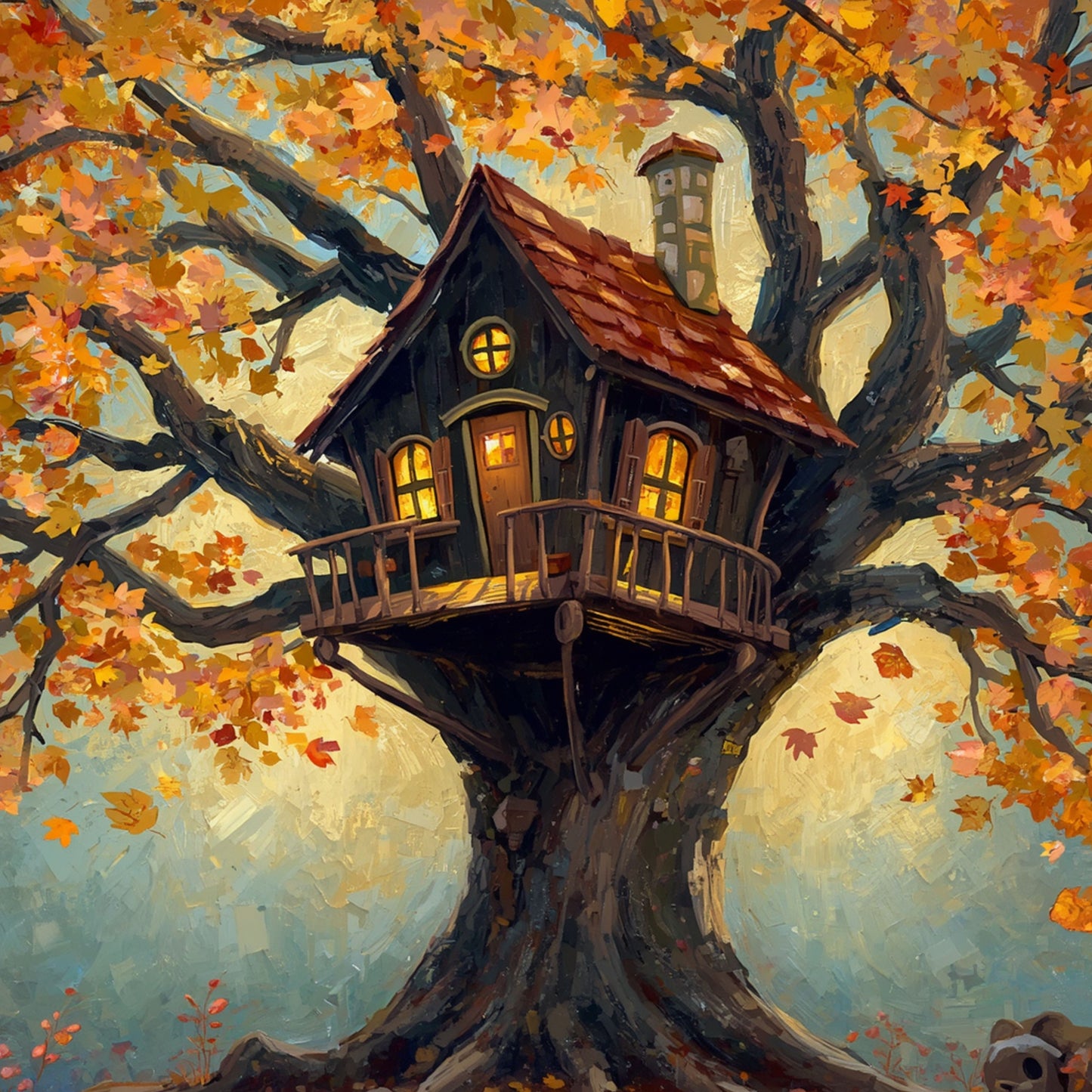 Boomhut Schilderij – Magische Houten Boomhut in Herfstboom met Gloeiende Ramen