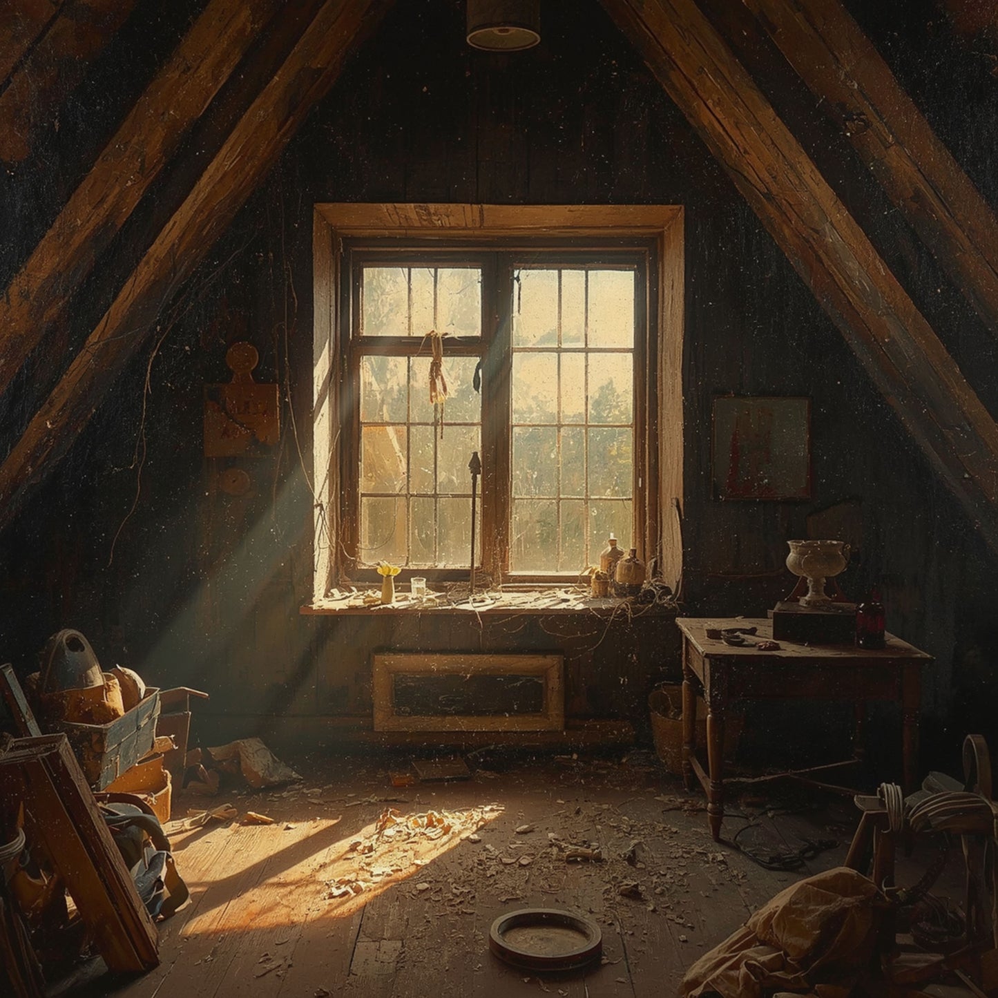 Zolder Schilderij – Verlaten Zolder met Gouden Zonlicht door Oud Raam & Houten Dakbalken