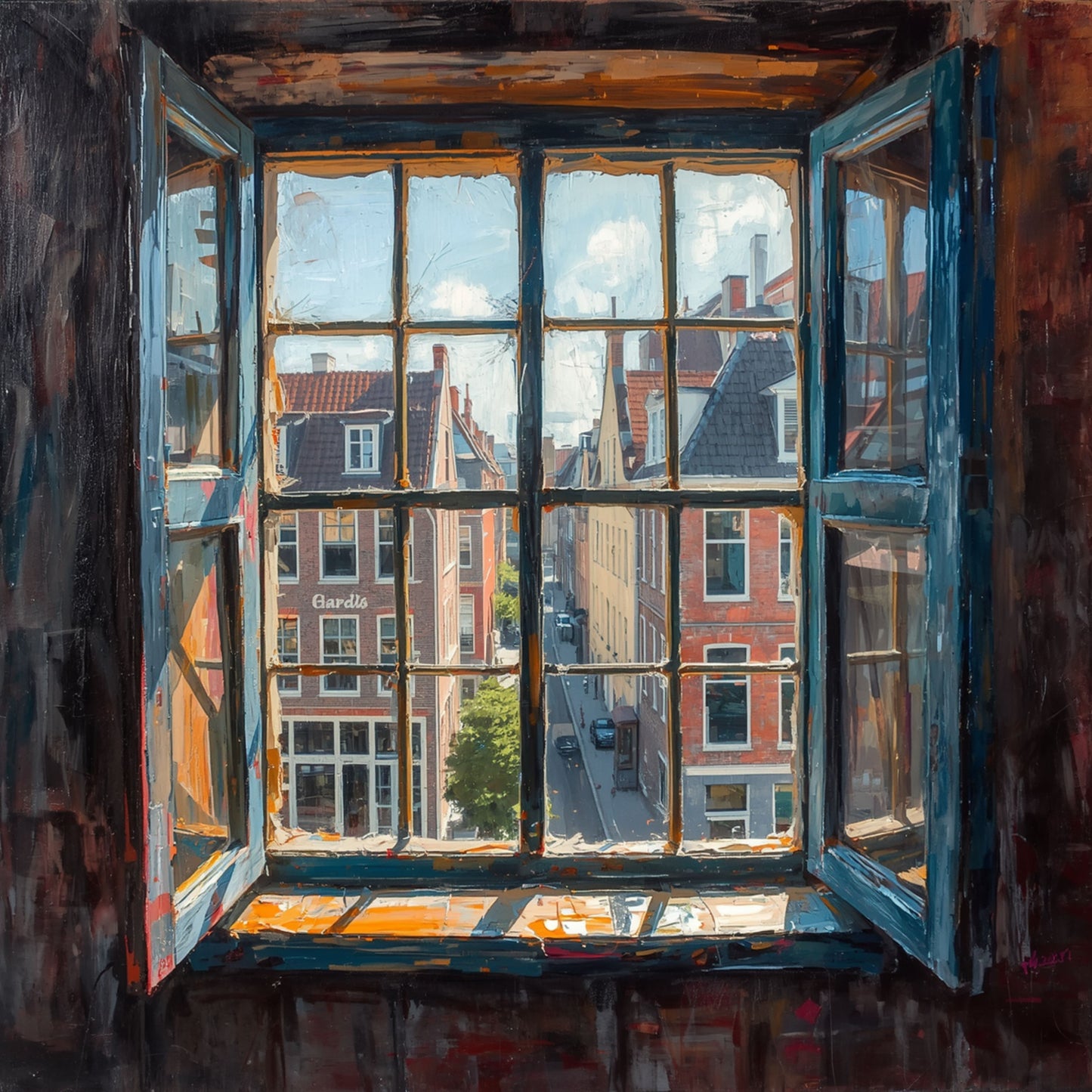 Raam Schilderij – Hollands Straatgezicht met Rode Bakstenen Gevels via Oud Blauw Raam