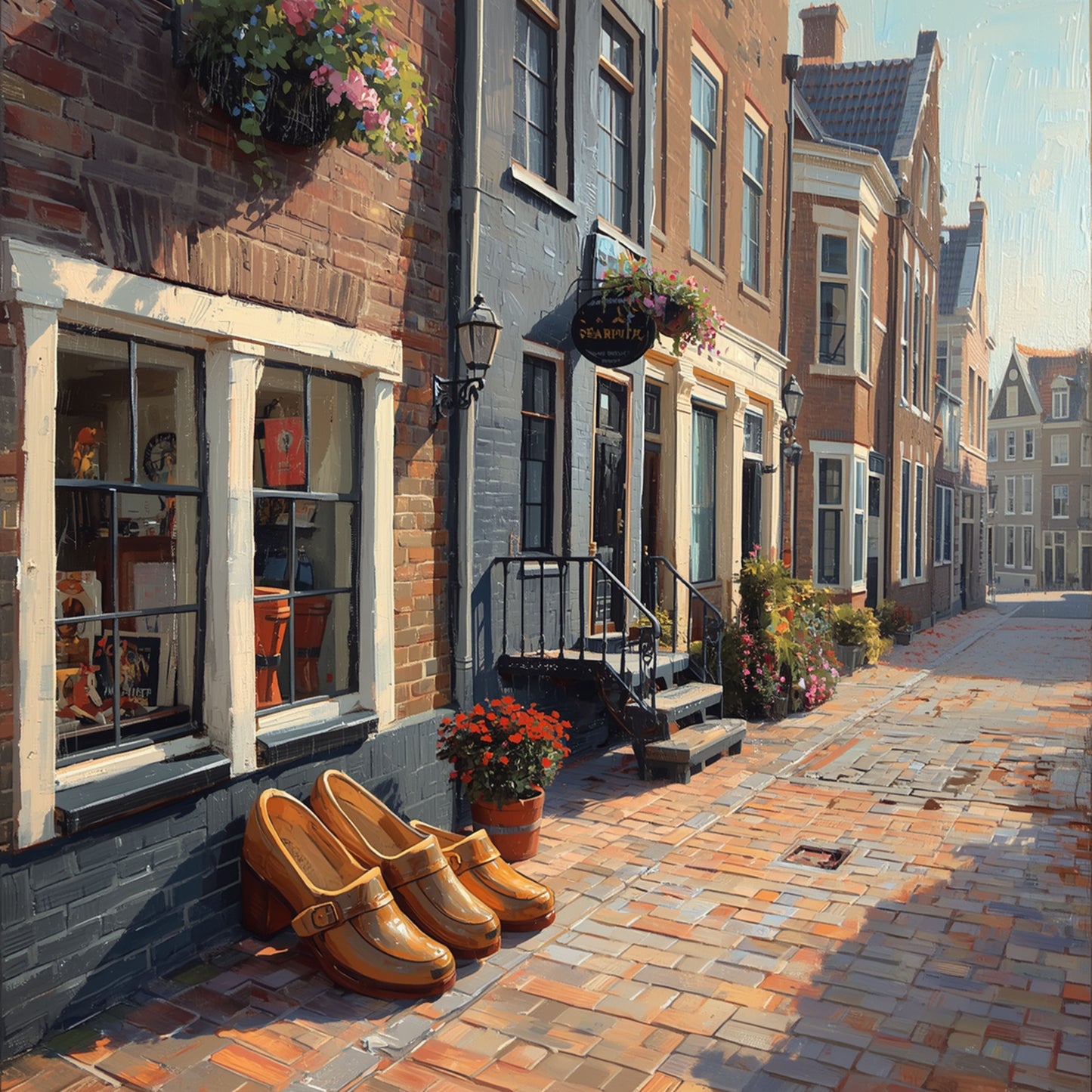 Klompen Schilderij – Gouden Klompen op Zonnig Hollands Klinkerstraatje met Winkels & Bloemen
