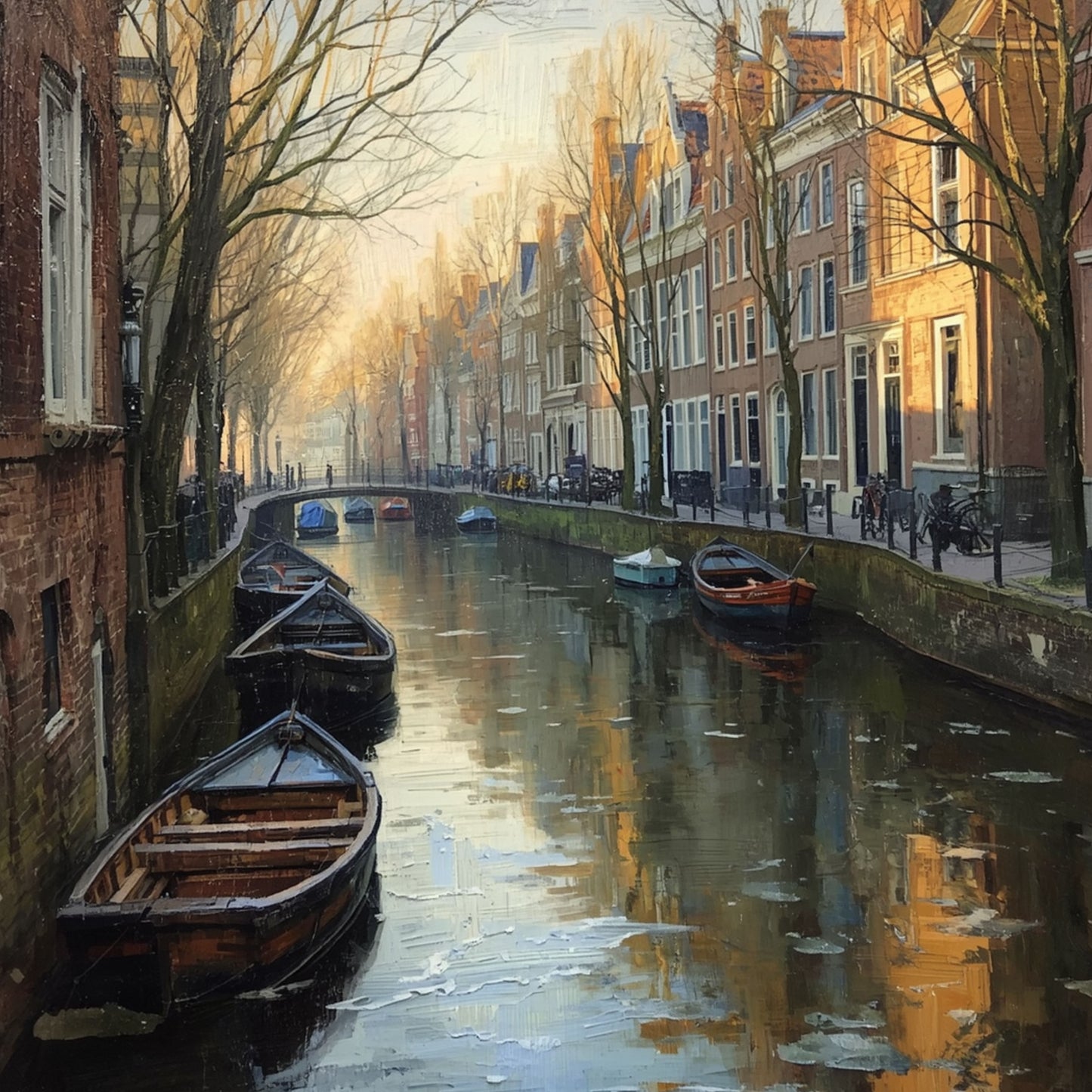 Amsterdam Schilderij – Winterse Amsterdamse Gracht bij Zonsopgang met Boten & Kale Bomen