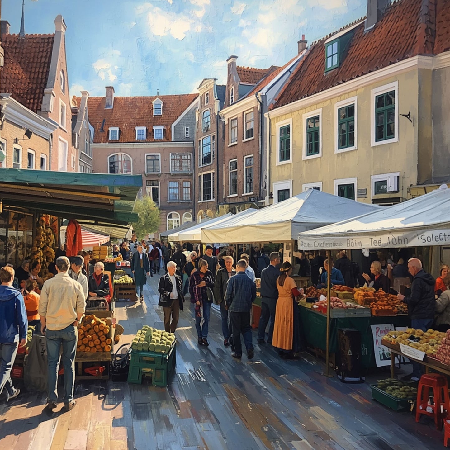 Markt Schilderij – Hollands Marktplein met Groente- & Fruitkramen, Bezoekers & Trapgevels