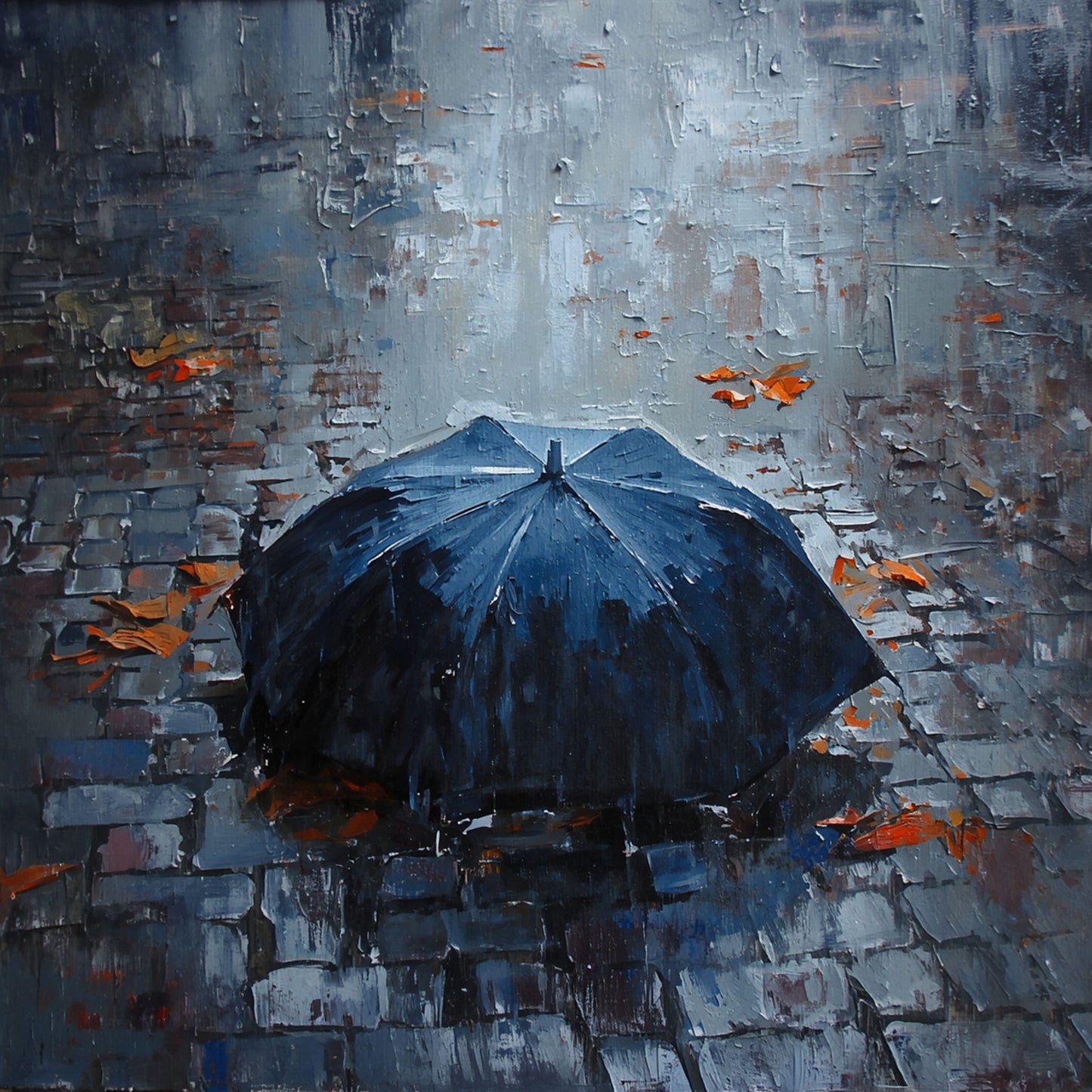 Paraplu in de Regen Schilderij – Blauwe Paraplu op Natte Klinkers in Olieverf