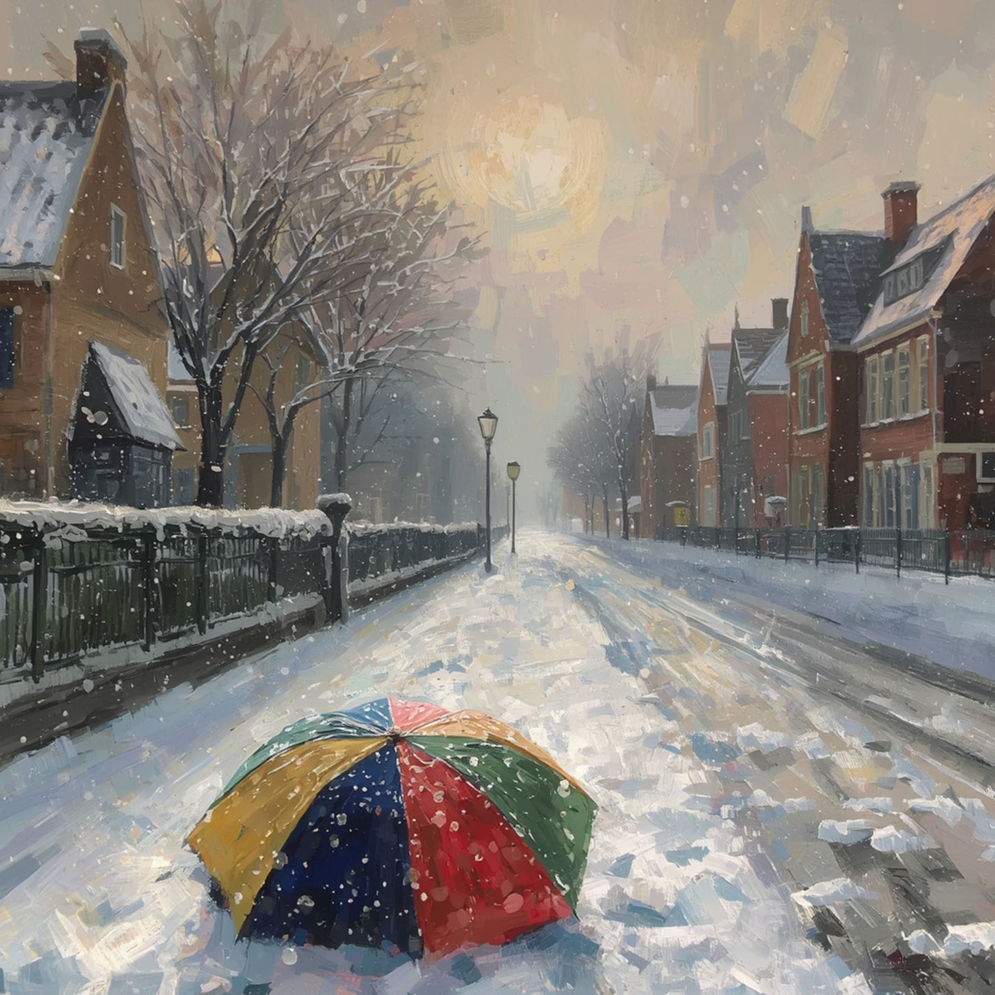 Kleurrijke Paraplu in de Sneeuw Schilderij – Regenboogparaplu op Besneeuwde Straat in Olieverf