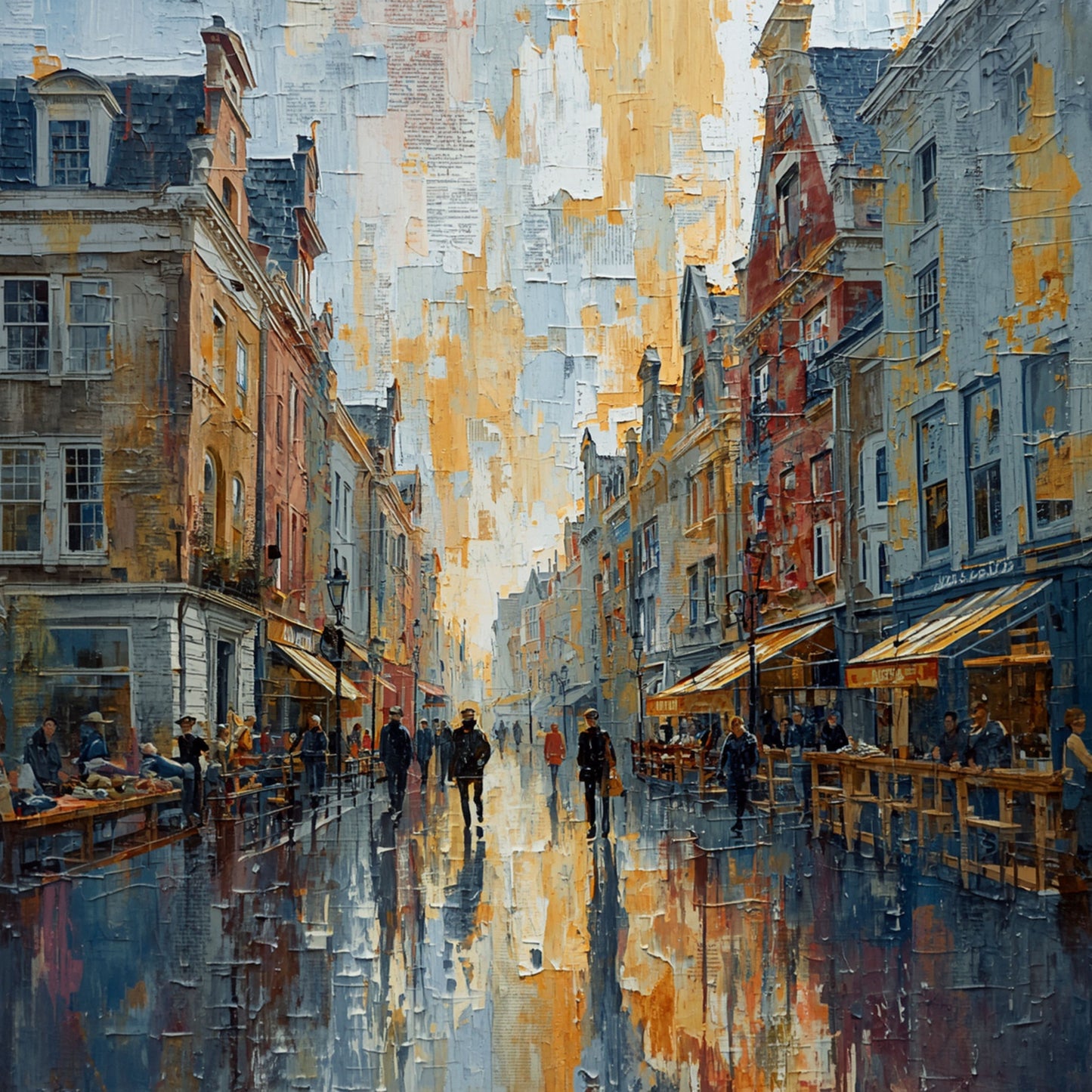 Stadsstraat Schilderij – Gouden Licht op Natte Straat met Terrasjes en Voetgangers