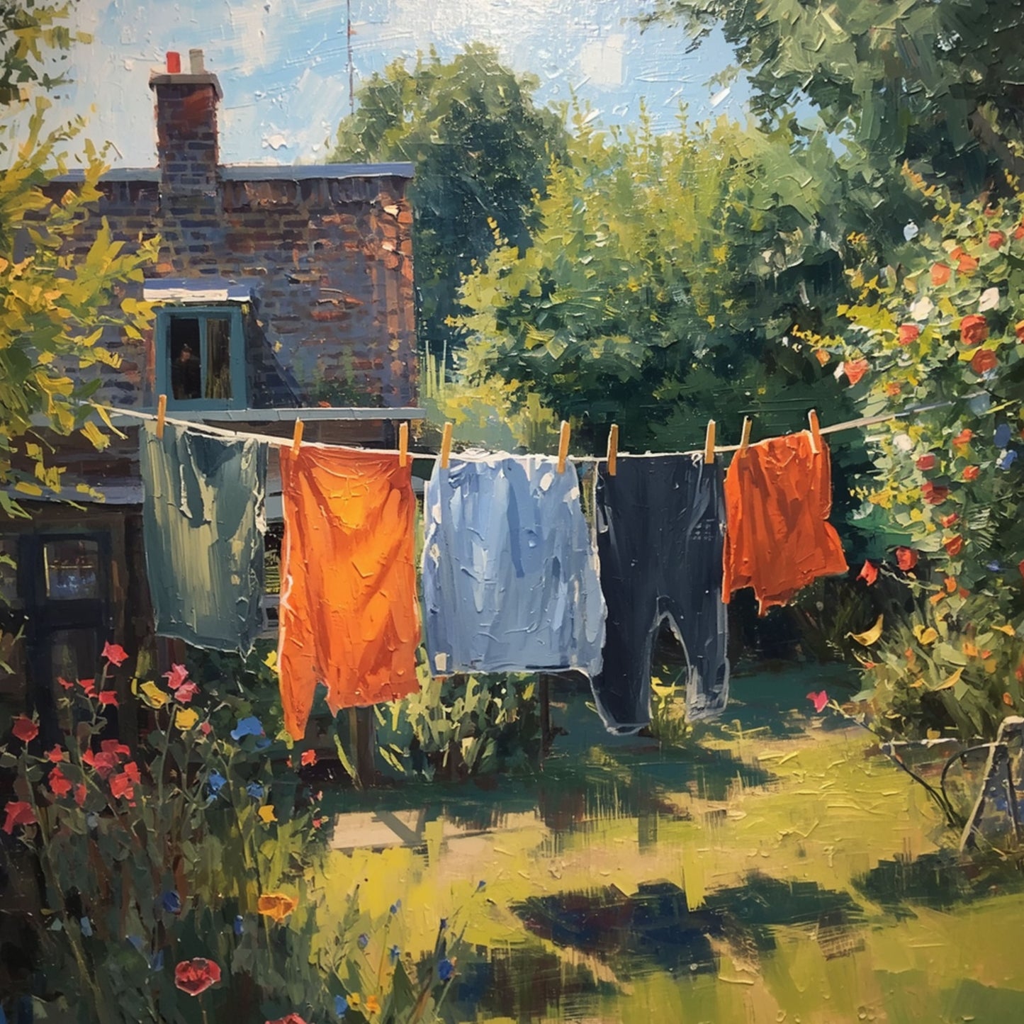 Zomertuin Schilderij – Waslijn met Kleurrijke Was in Bloeiende Tuin