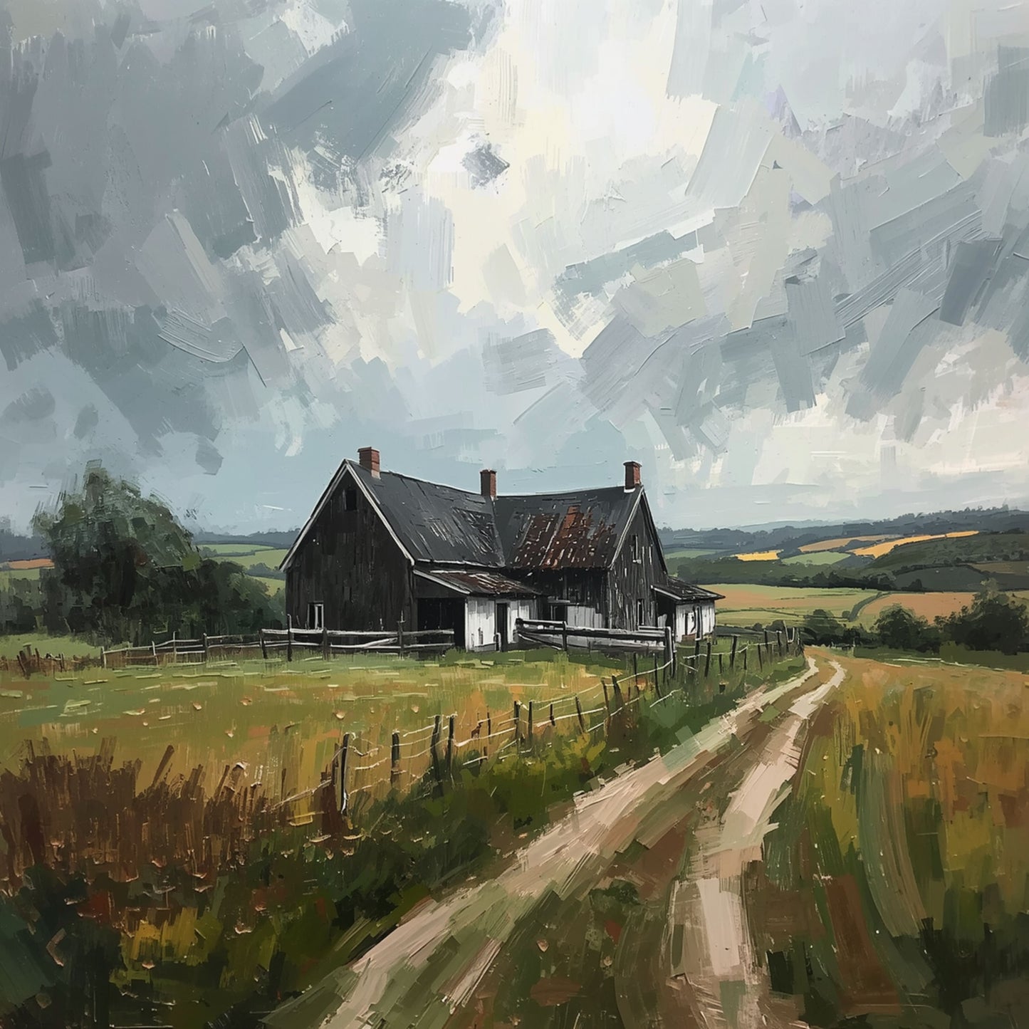 Verlaten Schuur Schilderij – Onweerswolken boven Landelijk Zandpad