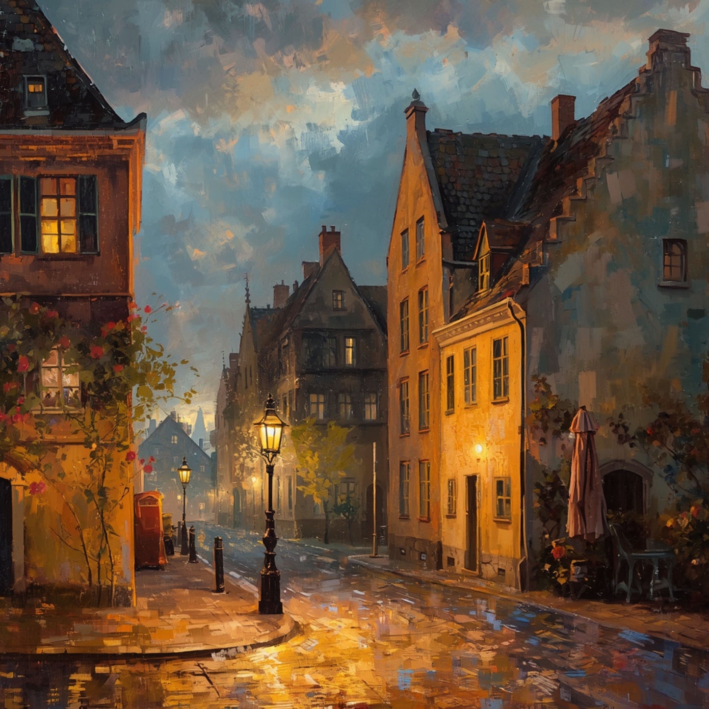 Hollandse Regenstraat Schilderij – Schemering over Verlaten Keienplein met Lantaarn