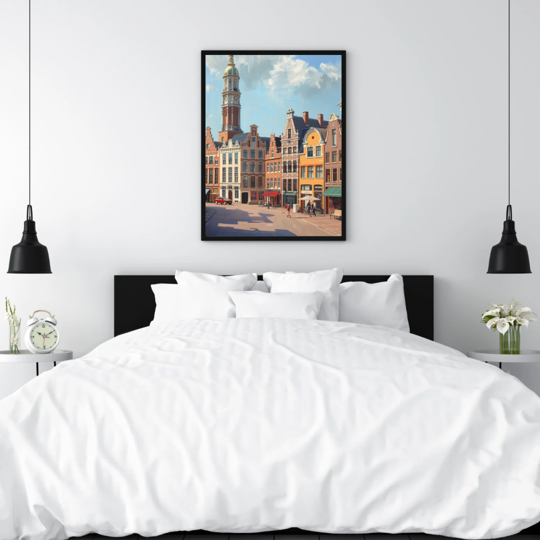 Den Haag schilderij in zwarte lijst boven wit bed met zwarte hanglampen – levendige olieverf wall art slaapkamer