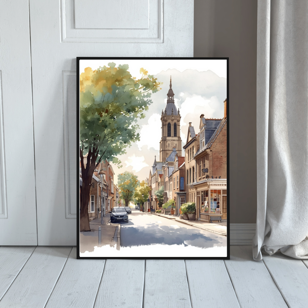 Deventer zomerse straat schilderij in zwarte lijst staand op lichte houten vloer tegen witte muur naast wit gordijn – aquarel wall art entree
