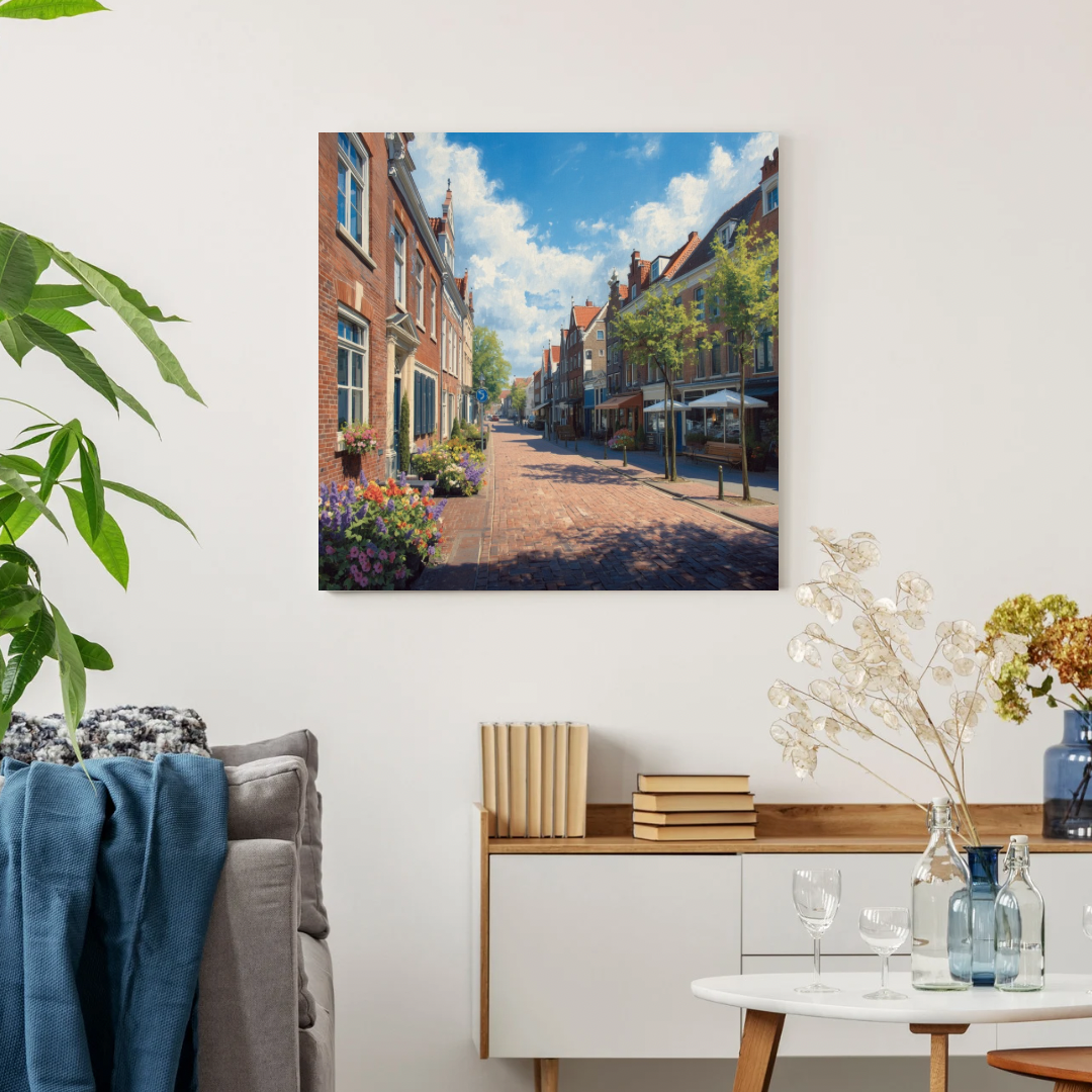 Deventer zomerstraat schilderij in zwarte lijst aan witte muur boven blauw dressoir met groene plant en kleine tafellamp – aquarel wall art woonkamer