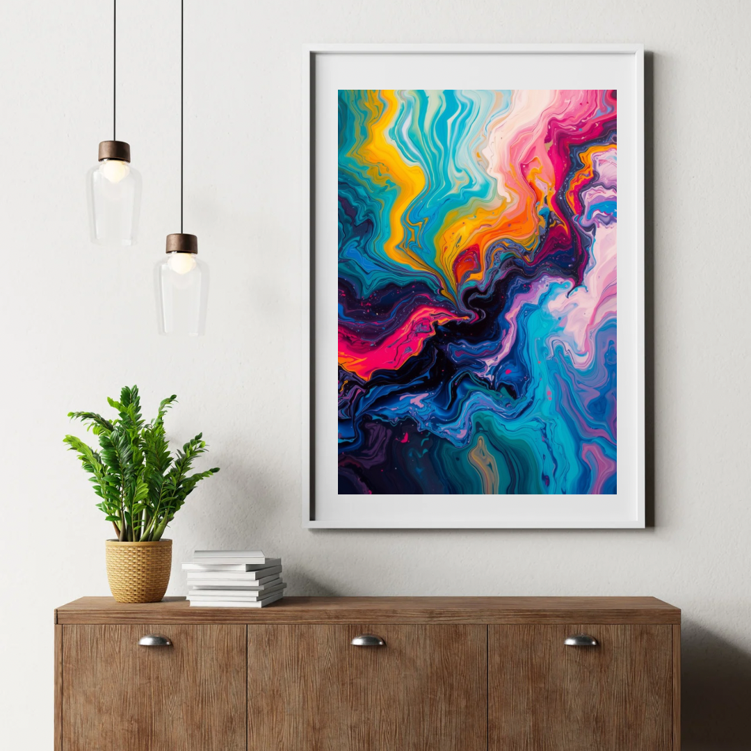 Abstract kleurexplosie schilderij in witte lijst aan witte muur boven gouden dressoir met groene plant en stapel boeken – moderne wall art eetkamer