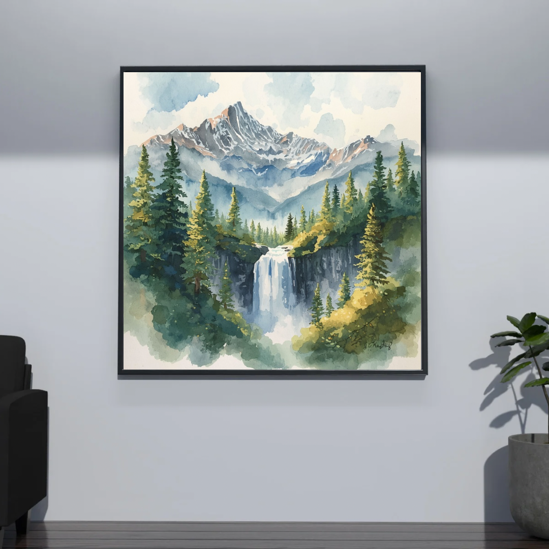 Bergen waterval schilderij in zwarte lijst aan grijze muur boven zwart tv-meubel met groene plant en decoratieve objecten – aquarel wall art woonkamer