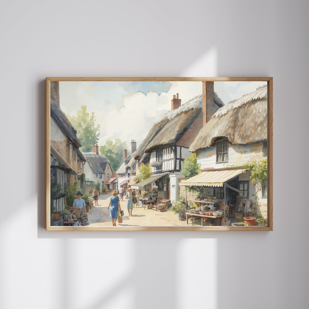 Engels zomers dorpsstraatje schilderij in gouden lijst aan witte muur naast groene fauteuil met witte staande lamp en kleine plant – aquarel wall art slaapkamer