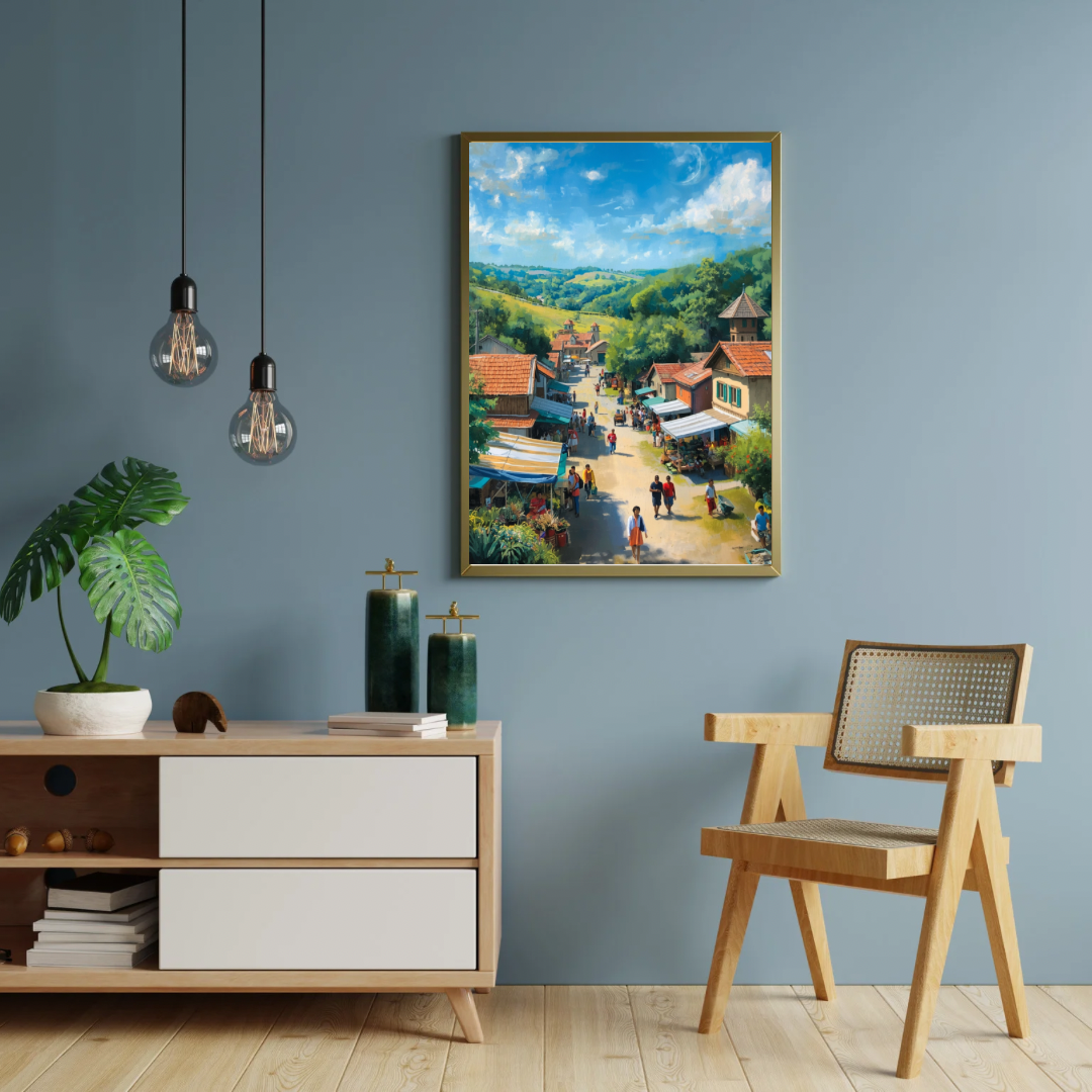 Kleurrijk dorpsgezicht schilderij met groene heuvels aan blauwe muur boven witte dressoir met houten stoel en hangende peertjeslampen – wall art eetkamer