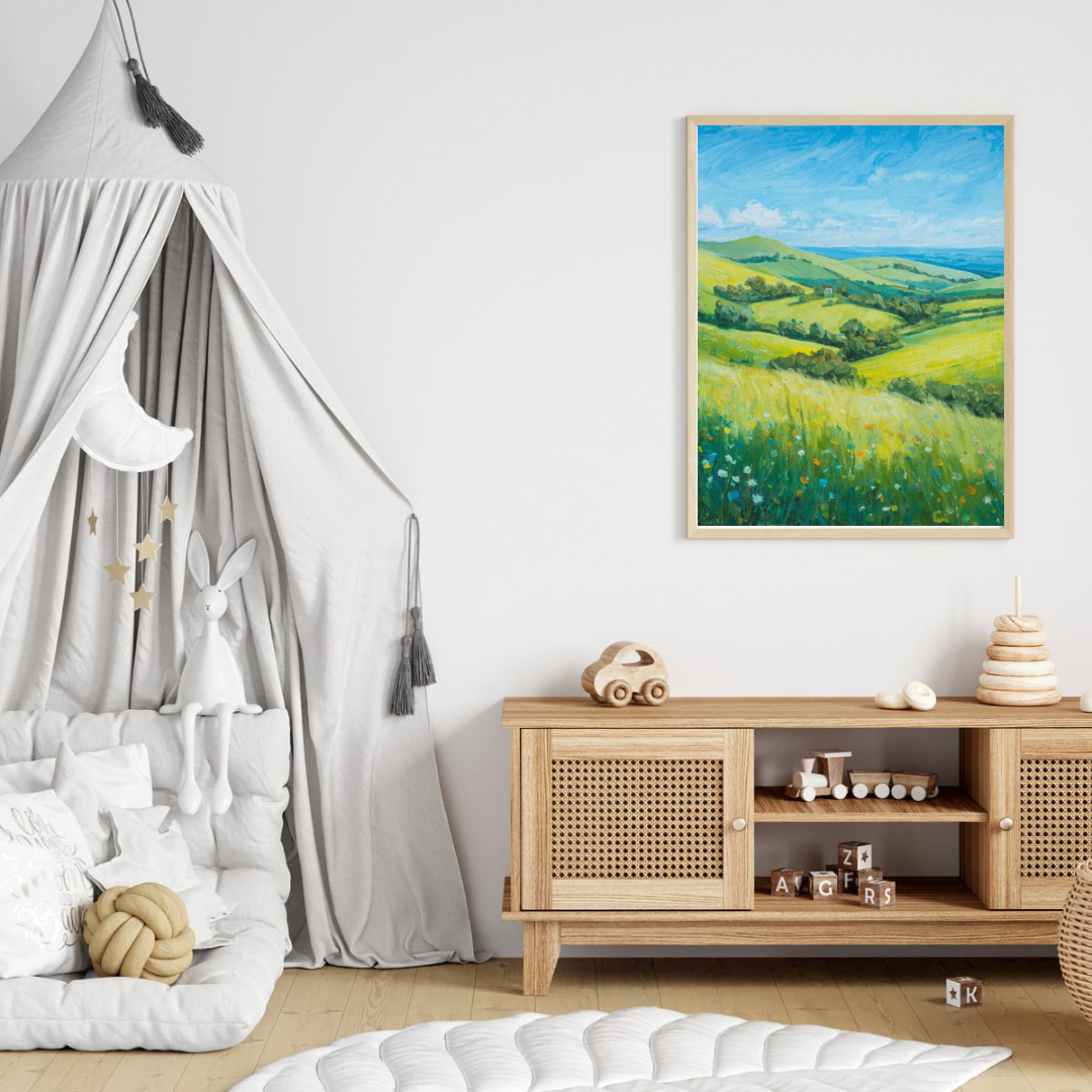 Groen heuvellandschap schilderij aan witte muur naast houten kast met speelgoed en gordijnen – natuur wall art kinderkamer