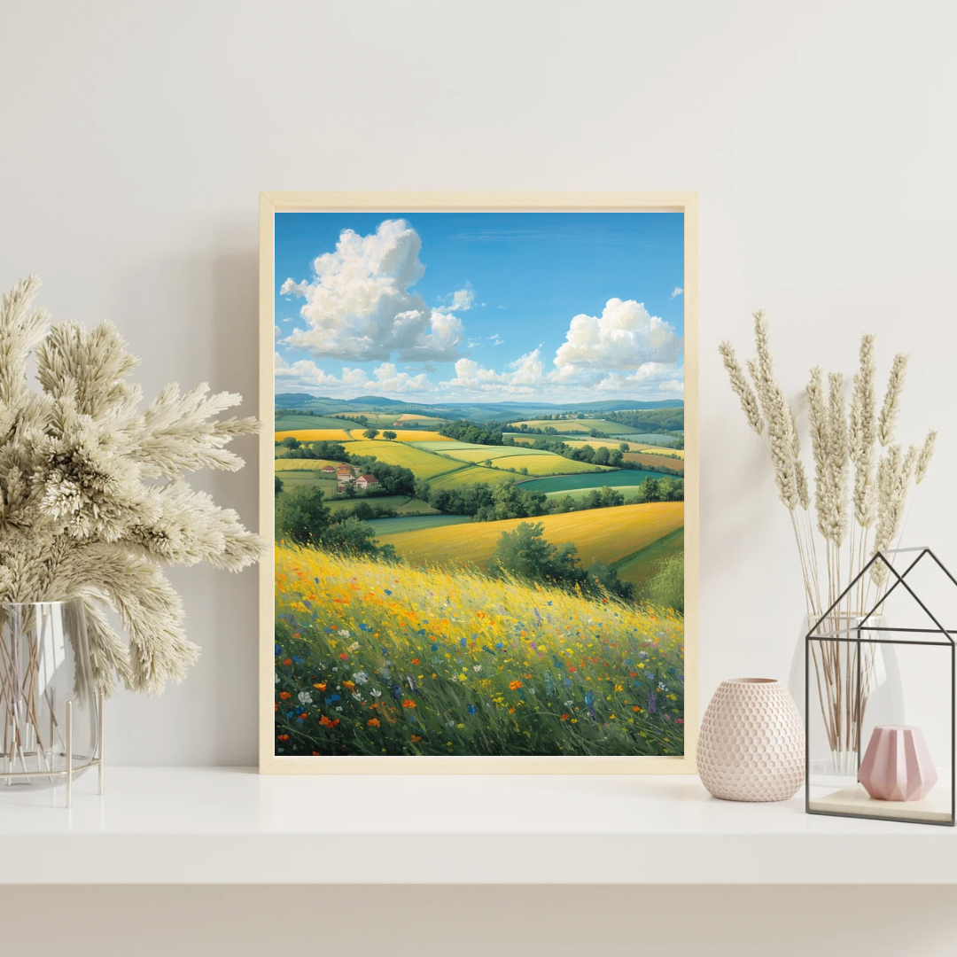 Gouden velden landschap schilderij op witte sidetable met glazen vazen en droge pampasgras tegen witte muur – natuur wall art woonkamer