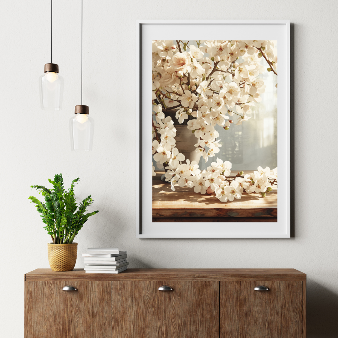 Bloemen Schilderij – Witte Kersenbloesem in Zacht Tegenlicht
