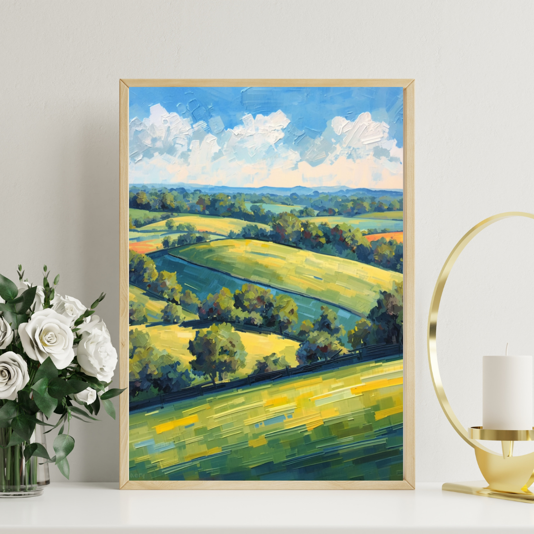 Natuur heuvels schilderij in houten lijst staand op wit bureau naast witte vaas met witte rozen en gouden decoratief object – wall art print interieur