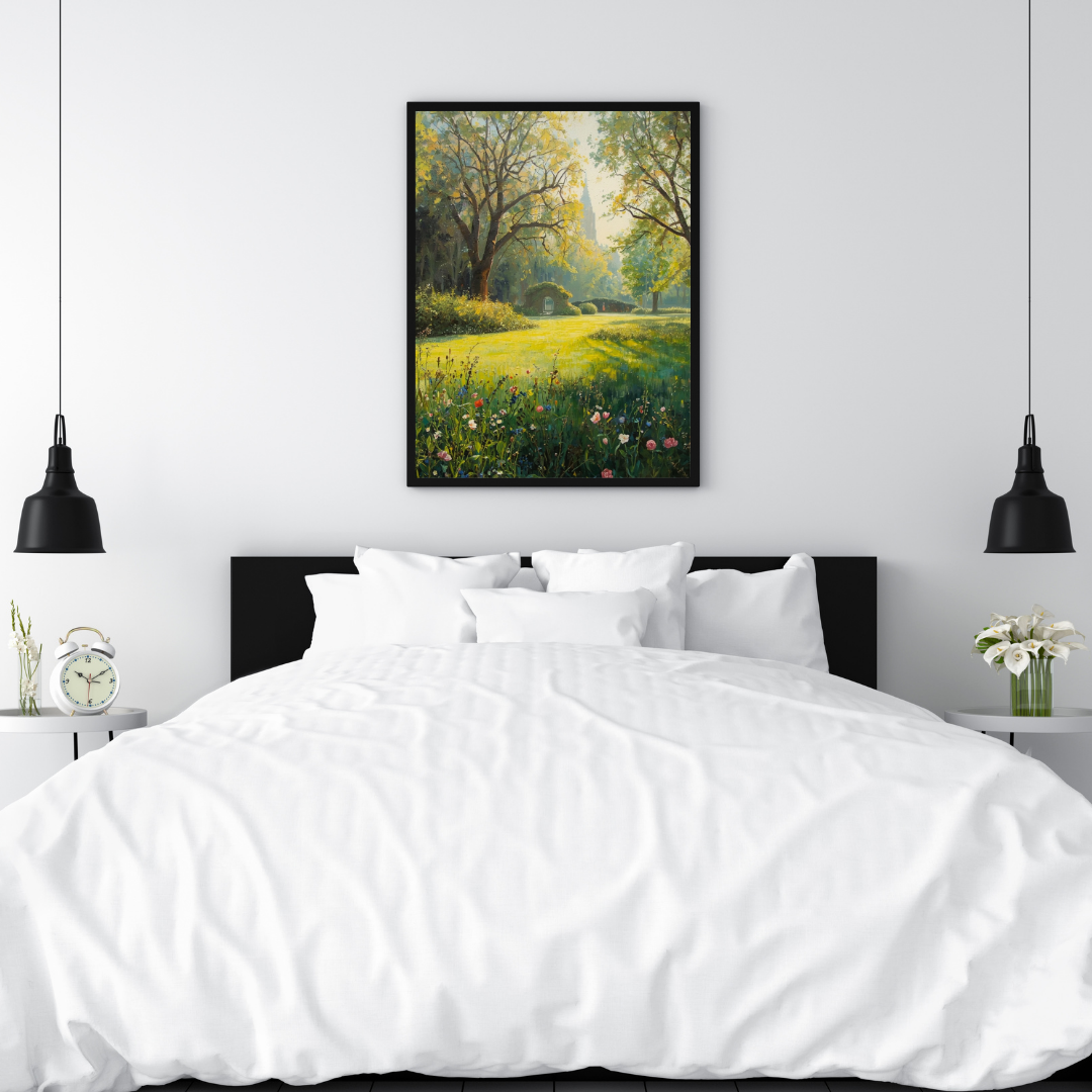 Natuur ochtendlicht schilderij in zwarte lijst aan witte muur boven wit bed met witte kussens en zwarte hanglampen in slaapkamer – wall art print