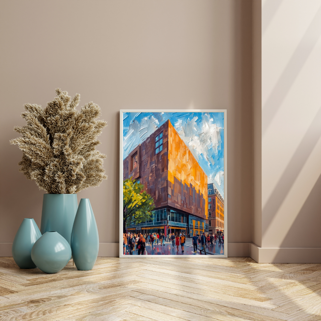 Eindhoven modern gebouw schilderij in witte lijst staand op marmeren vloer naast blauwe vazen en droogbloemen in entree – wall art print interieur