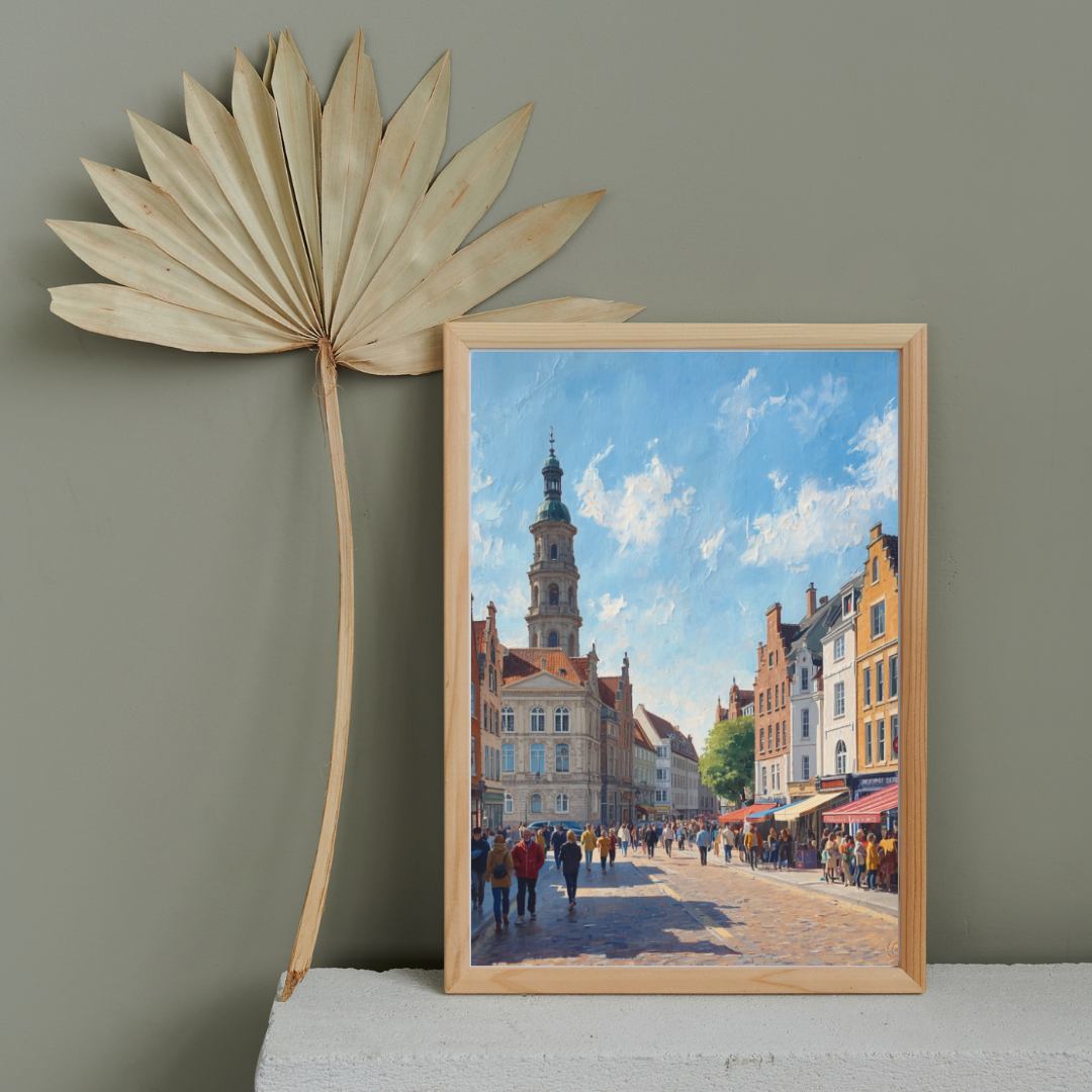 's-Hertogenbosch winkelstraat schilderij in houten lijst staand op houten vloer naast grote droogbloem decoratie aan beige muur – wall art print interieur
