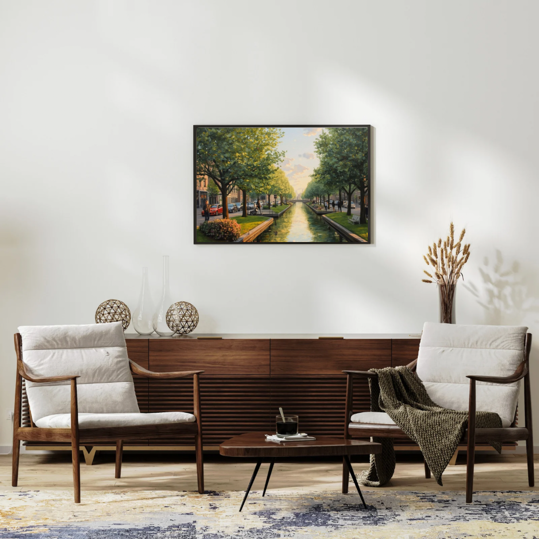 Delft laan kanaal schilderij in houten lijst aan witte muur boven donker houten dressoir met witte vazen en decoratieve objecten in eetkamer – wall art print interieur