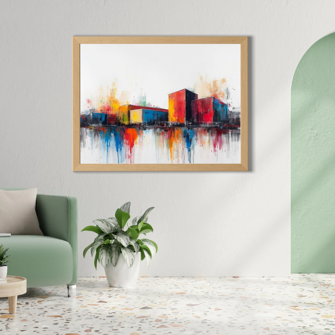 Abstract kleurrijke stad schilderij in houten lijst aan witte boogvormige muur boven groene fauteuil met grote witte plant – wall art print interieur