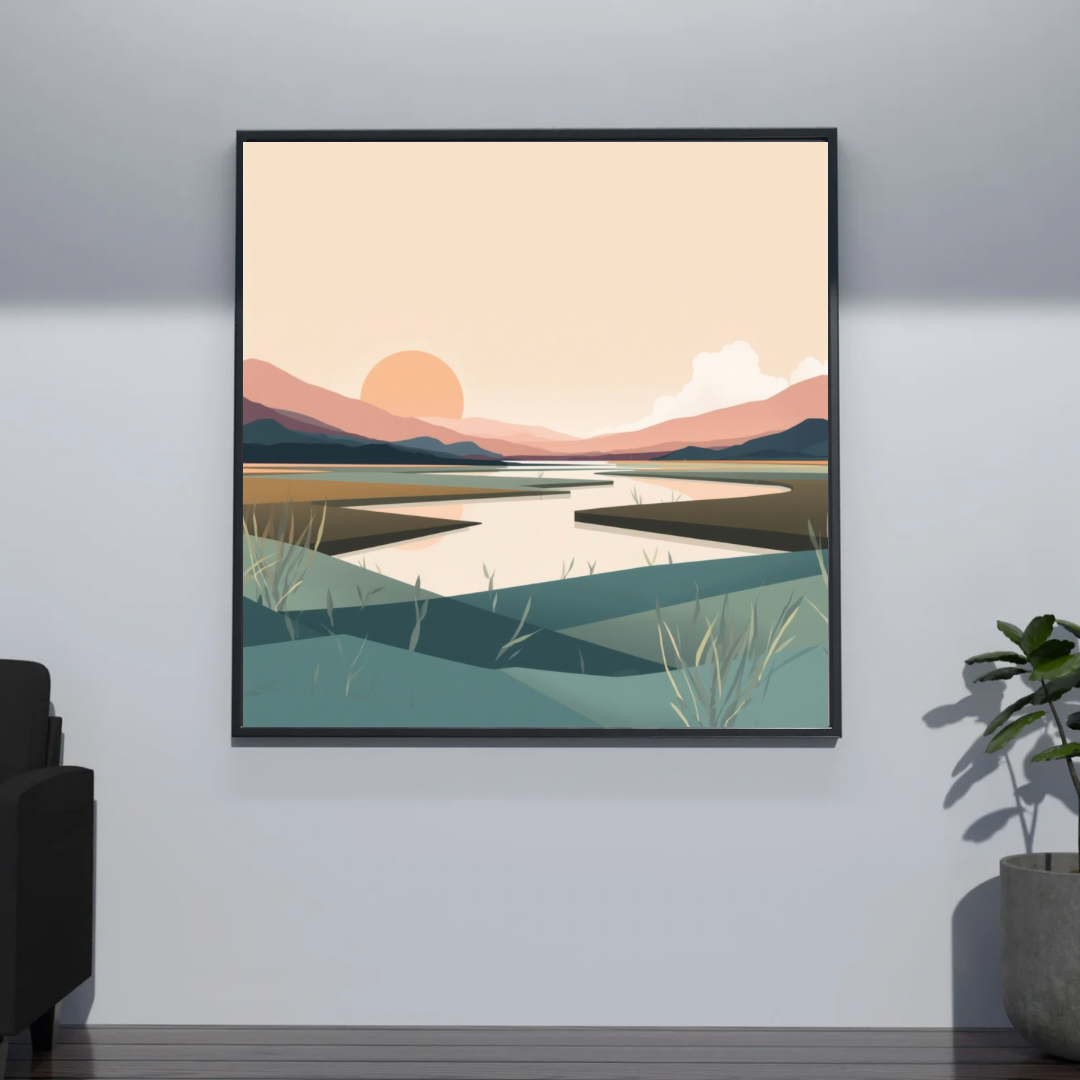 Minimalistisch moeraslandschap schilderij in zwarte lijst aan lichtgrijze muur naast donkere deurpost in minimalistische hal – wall art print interieur