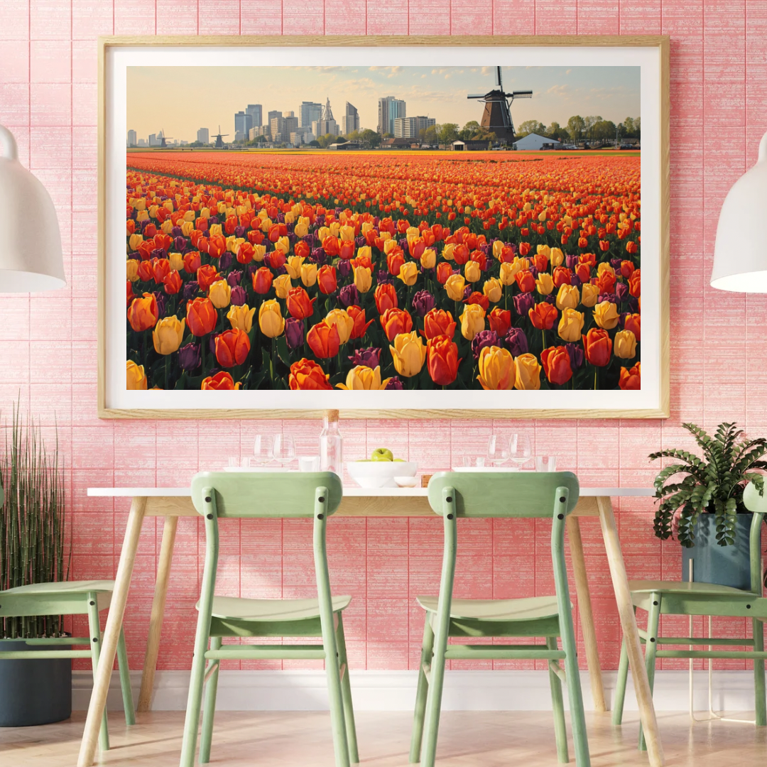 Tulpenveld met windmolen schilderij in gouden lijst aan roze muur boven mintgroene stoelen en witte tafel in vrolijke eetkamer – bloemen wall art print